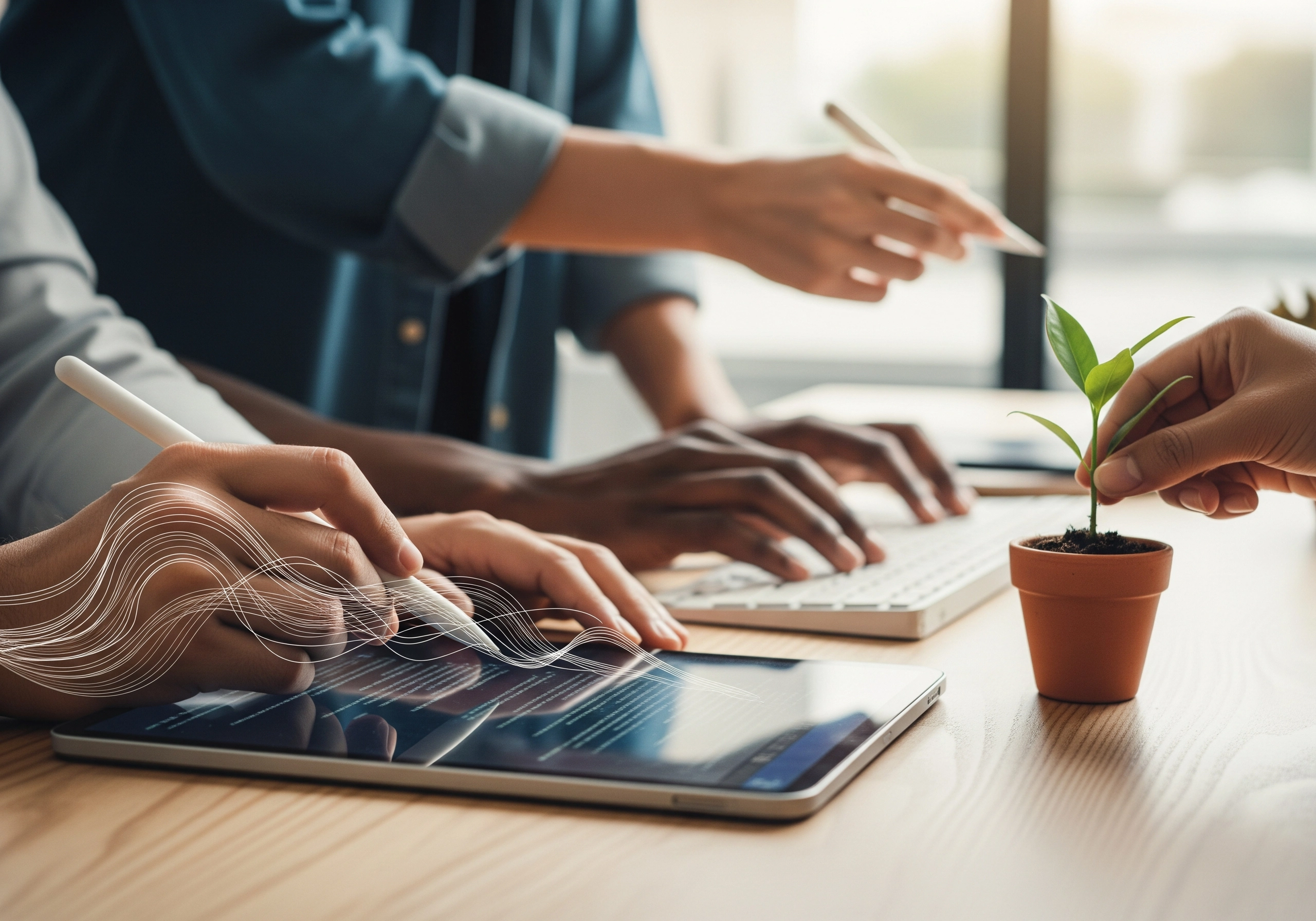 Team collaborating on AI content, using tablet, keyboard, and nurturing a plant.