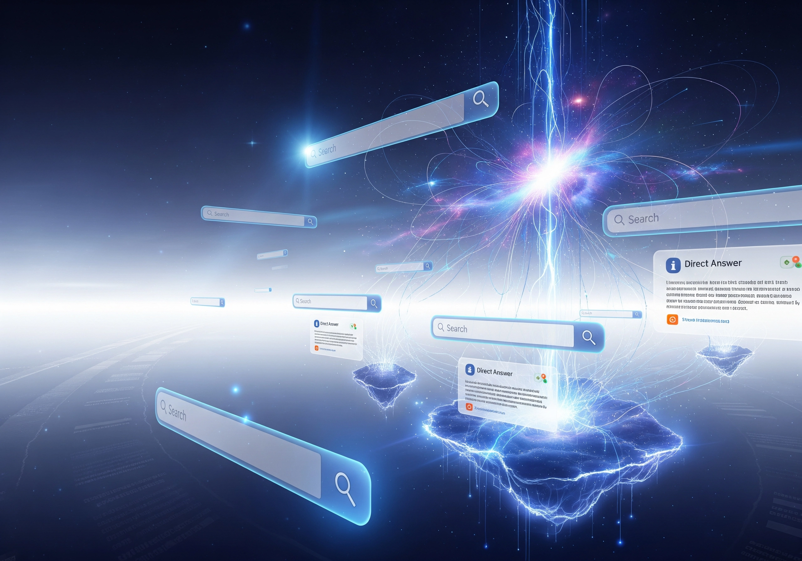 Floating search bars and direct answer boxes, illustrating website visibility.