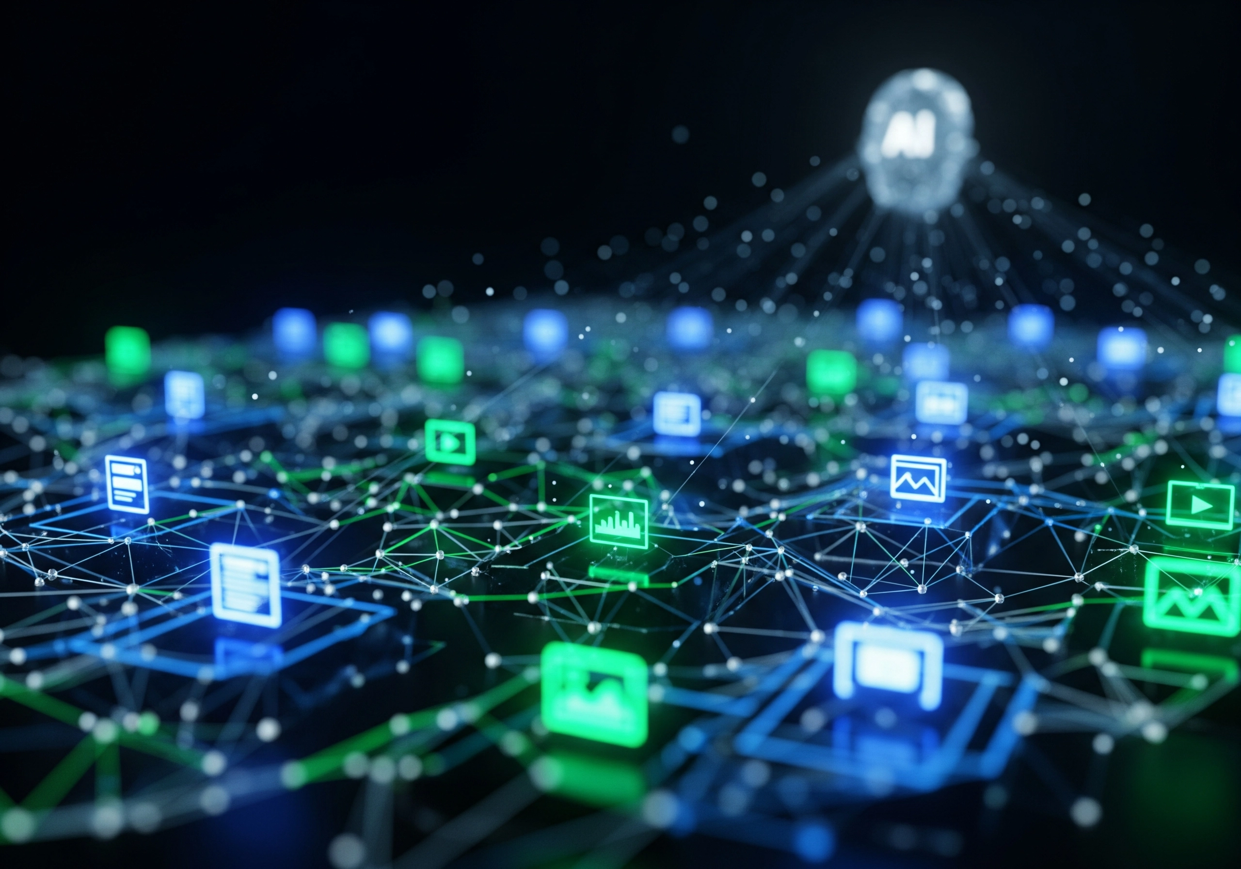Network of glowing app icons connected to an AI sphere, symbolizing digital marketing.