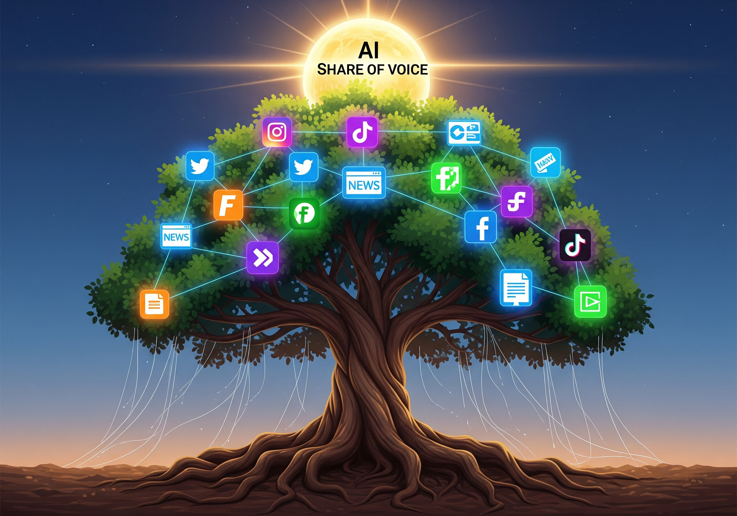 AI share of voice concept as a tree with social media icons for digital marketing.