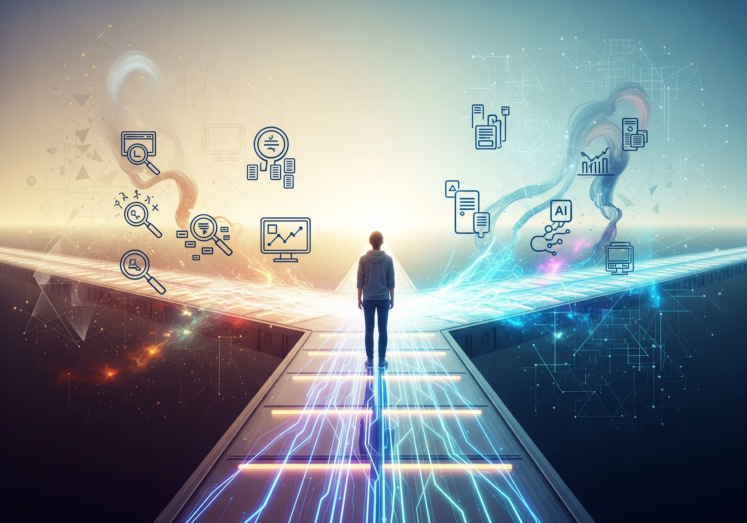 Person standing on path with AI SEO optimization and data analysis icons.