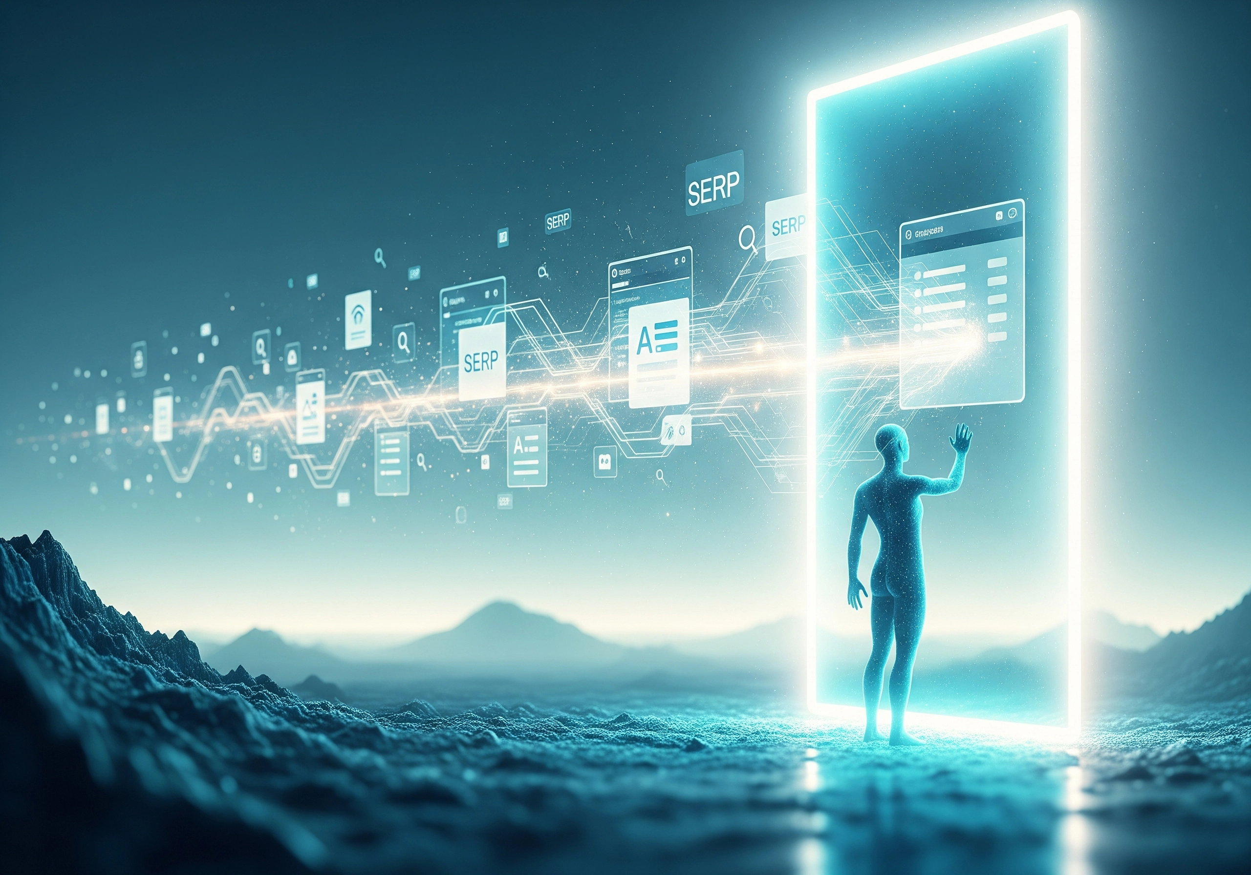 Abstract figure interacting with a portal displaying SERP data, symbolizing digital marketing.
