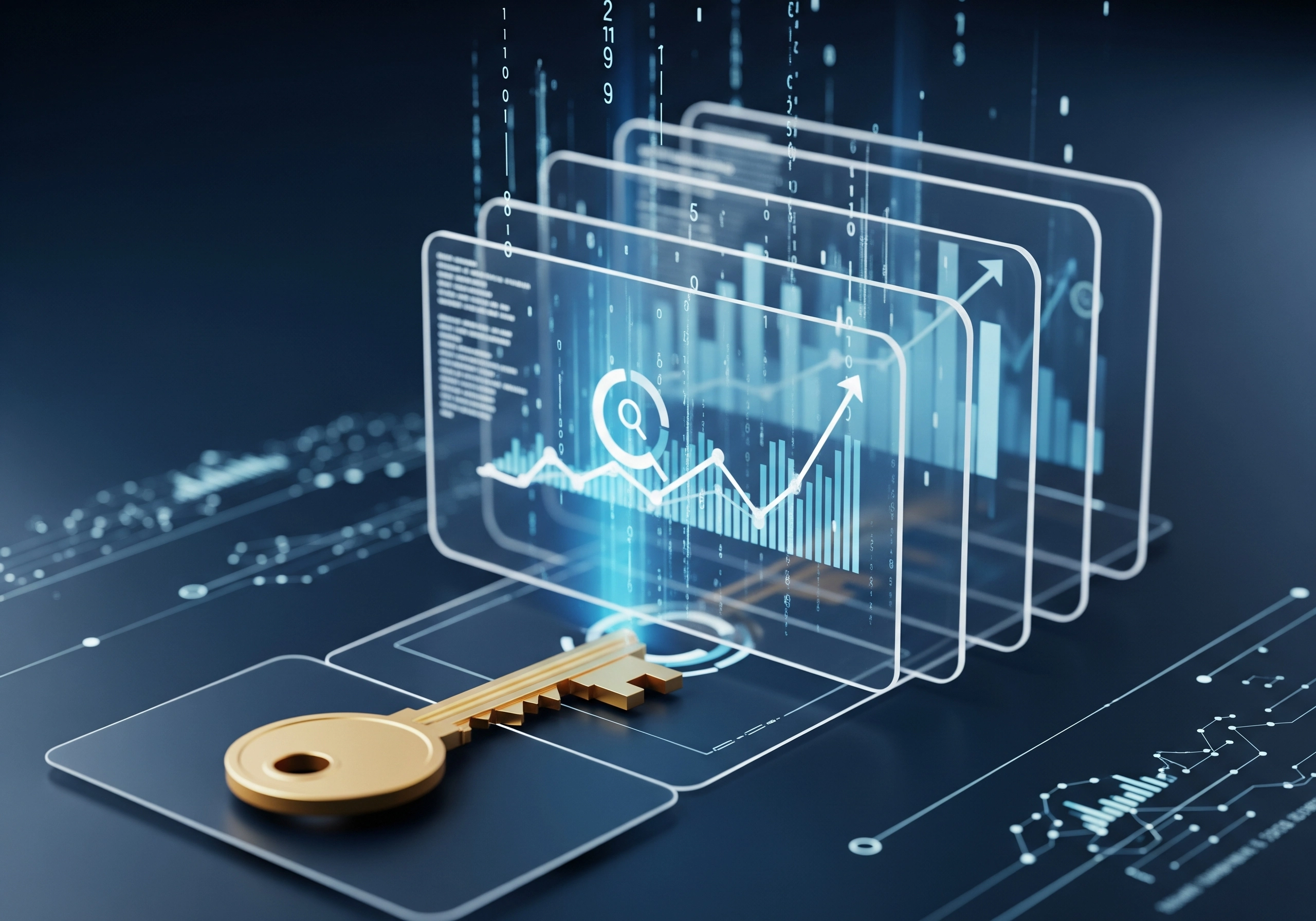 Golden key unlocking transparent dashboards with SEO analytics and ranking data.