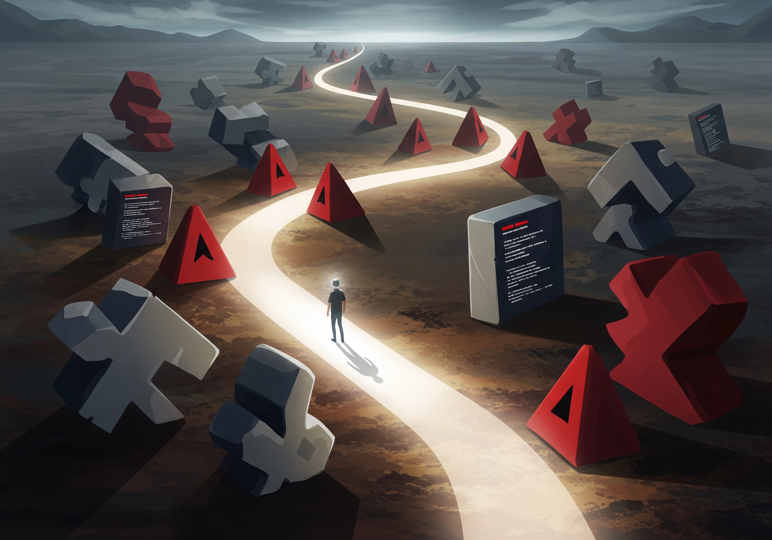 Person walking on a path toward the horizon, surrounded by code blocks and 3D shapes.