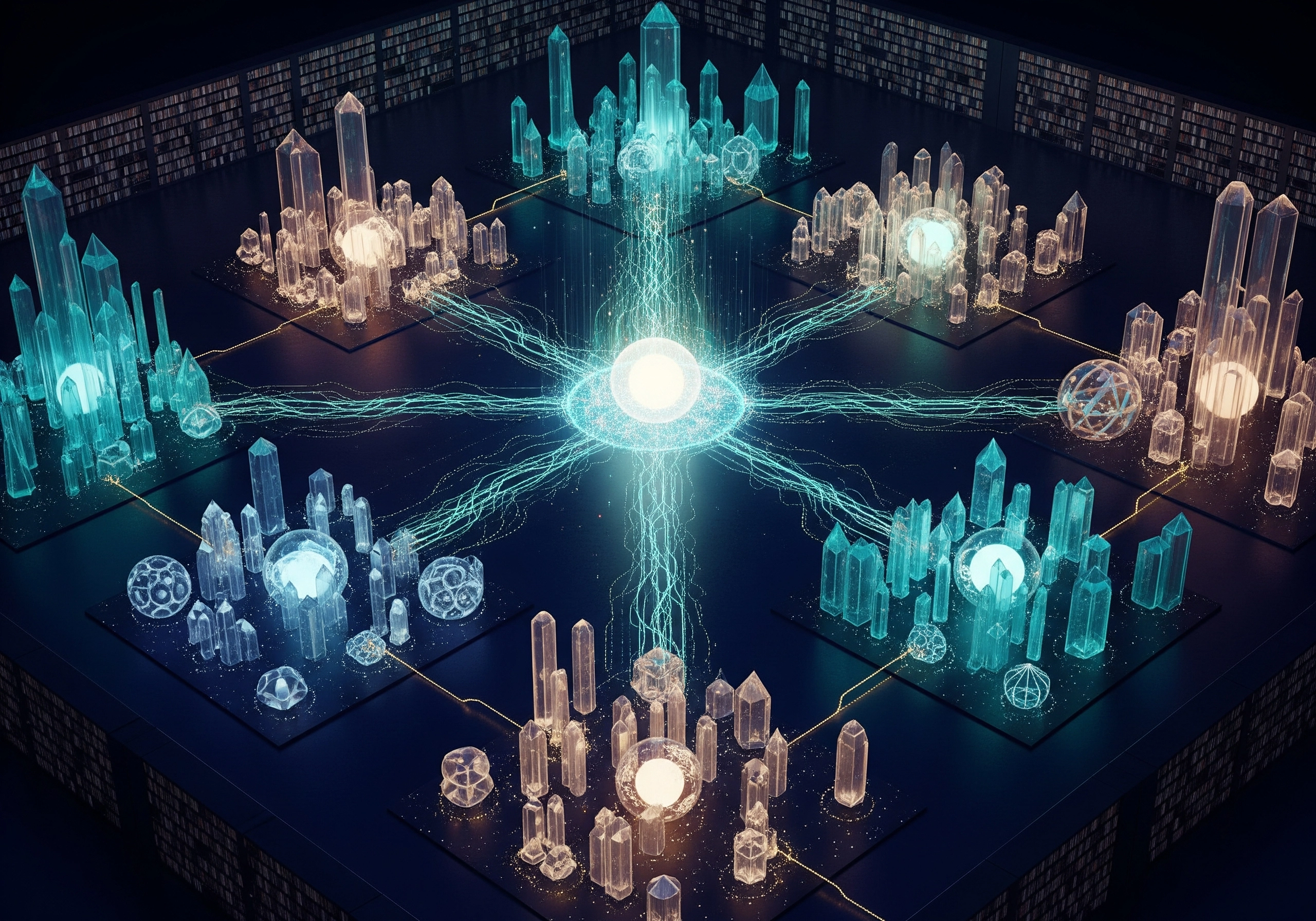 Complex network of glowing crystals connected by light beams, representing digital connections.