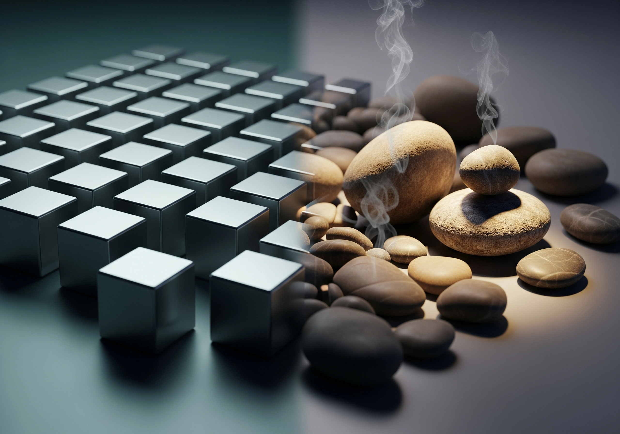 Juxtaposition of metal cubes and smooth stones, illustrating the humanize content concept.