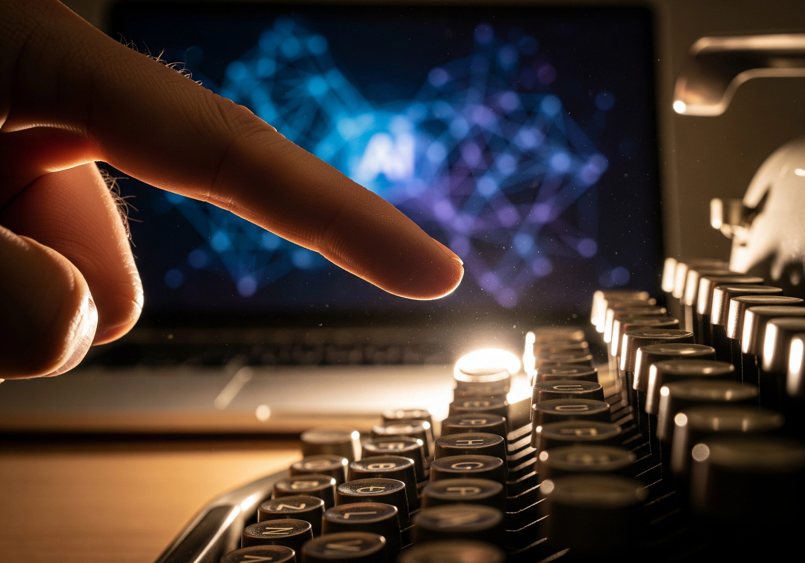 Finger hovers over vintage typewriter with an AI graphic on laptop in the background.