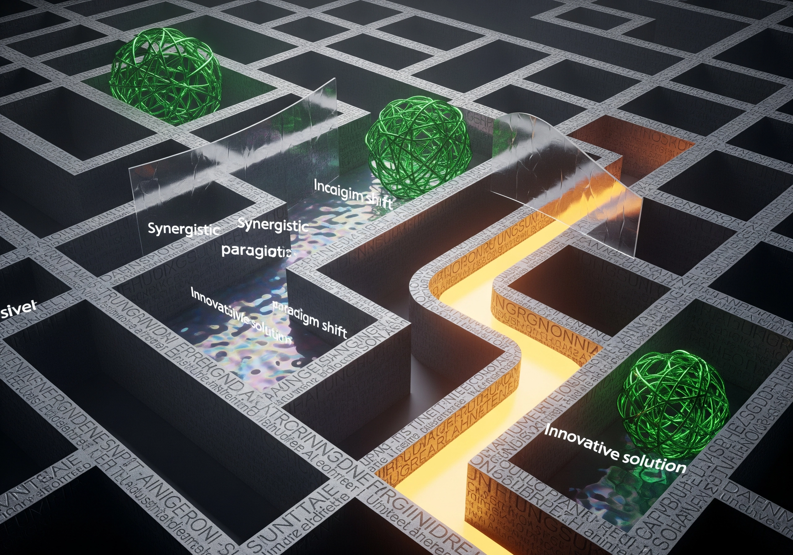 Abstract maze with floating green orbs and an AI humanizer solution path highlighted.