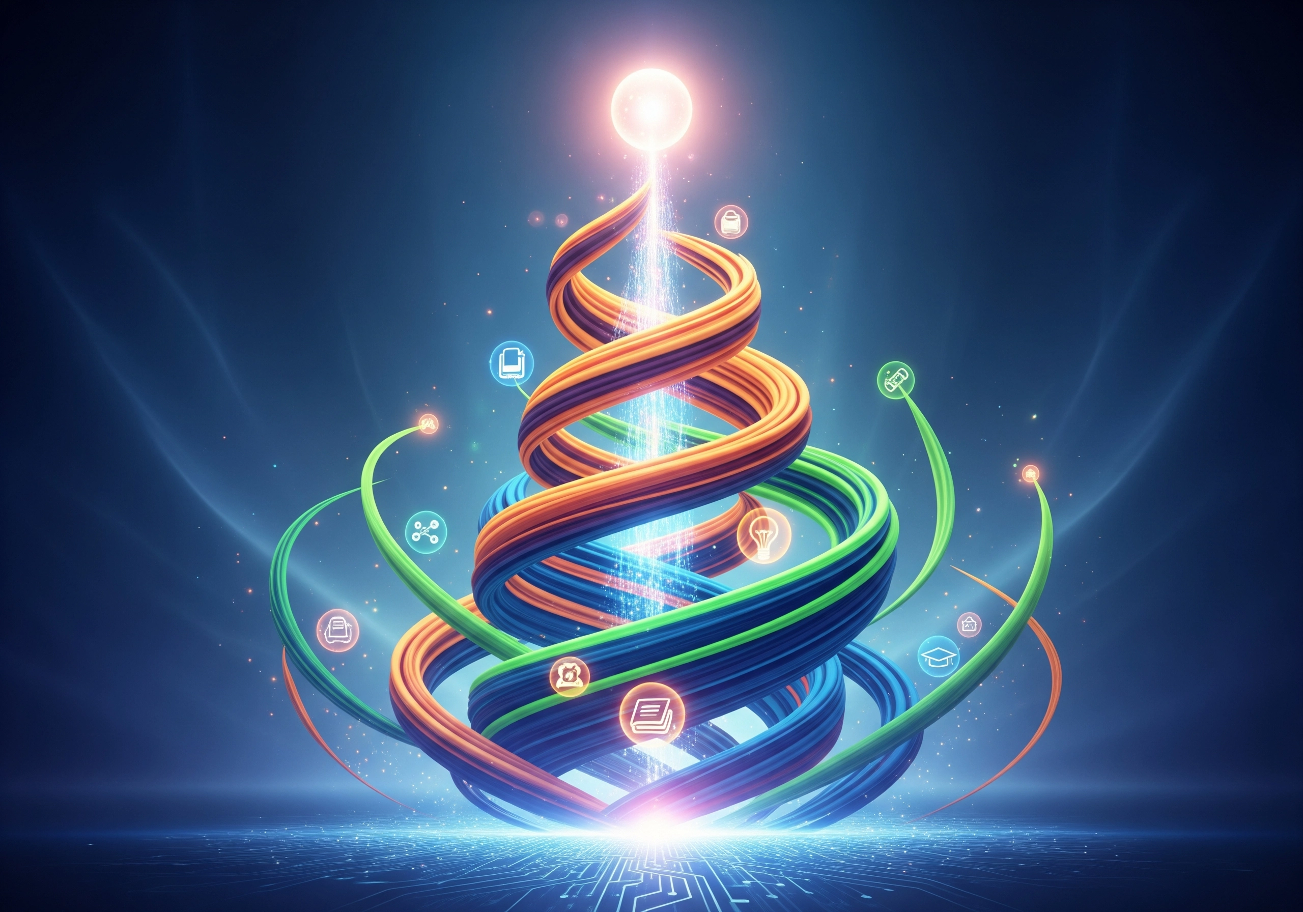Stylized glowing spiral reaching towards a light, symbolizing AI content creation.