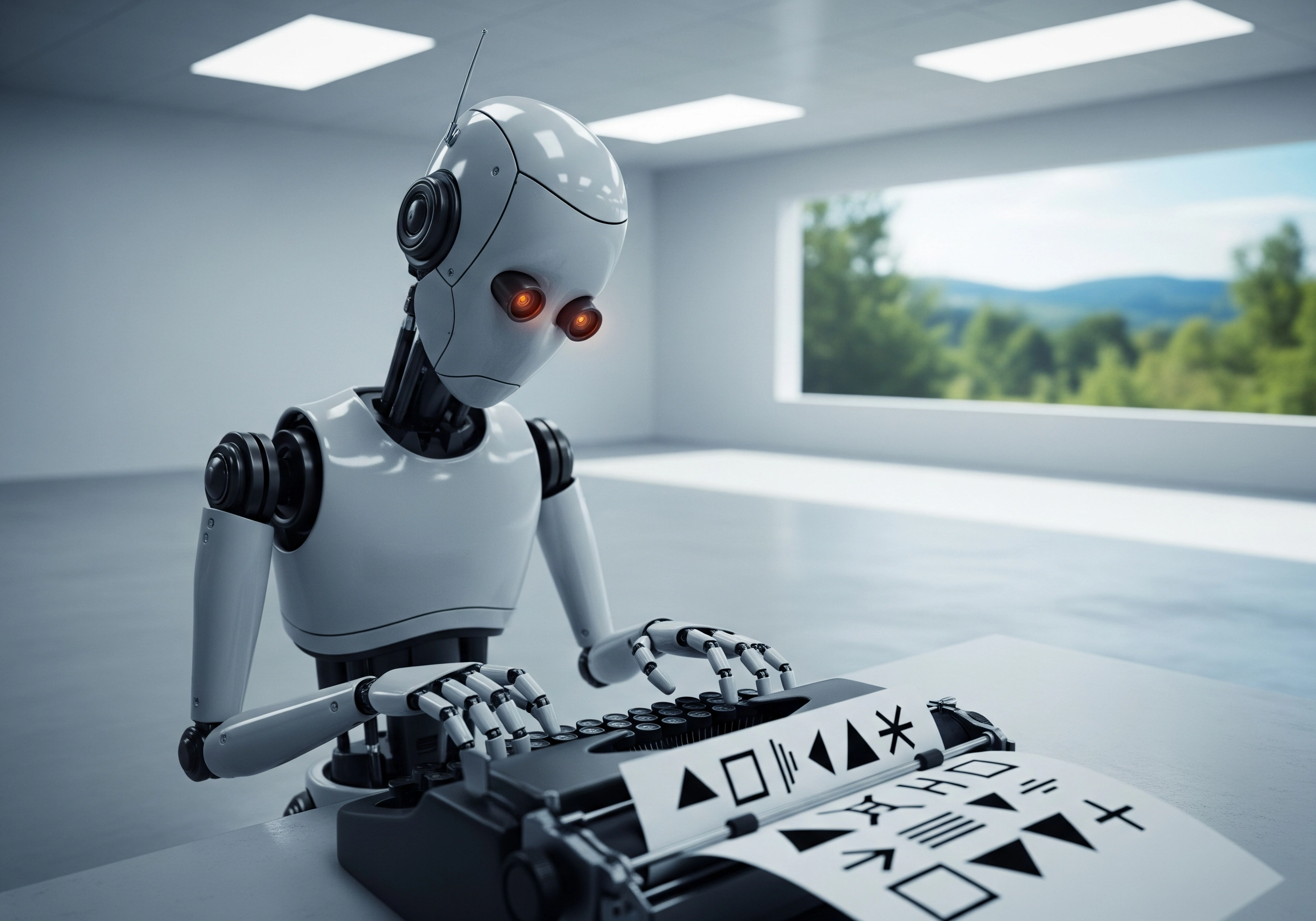 Robot typing on a typewriter, suggesting AI content creation.