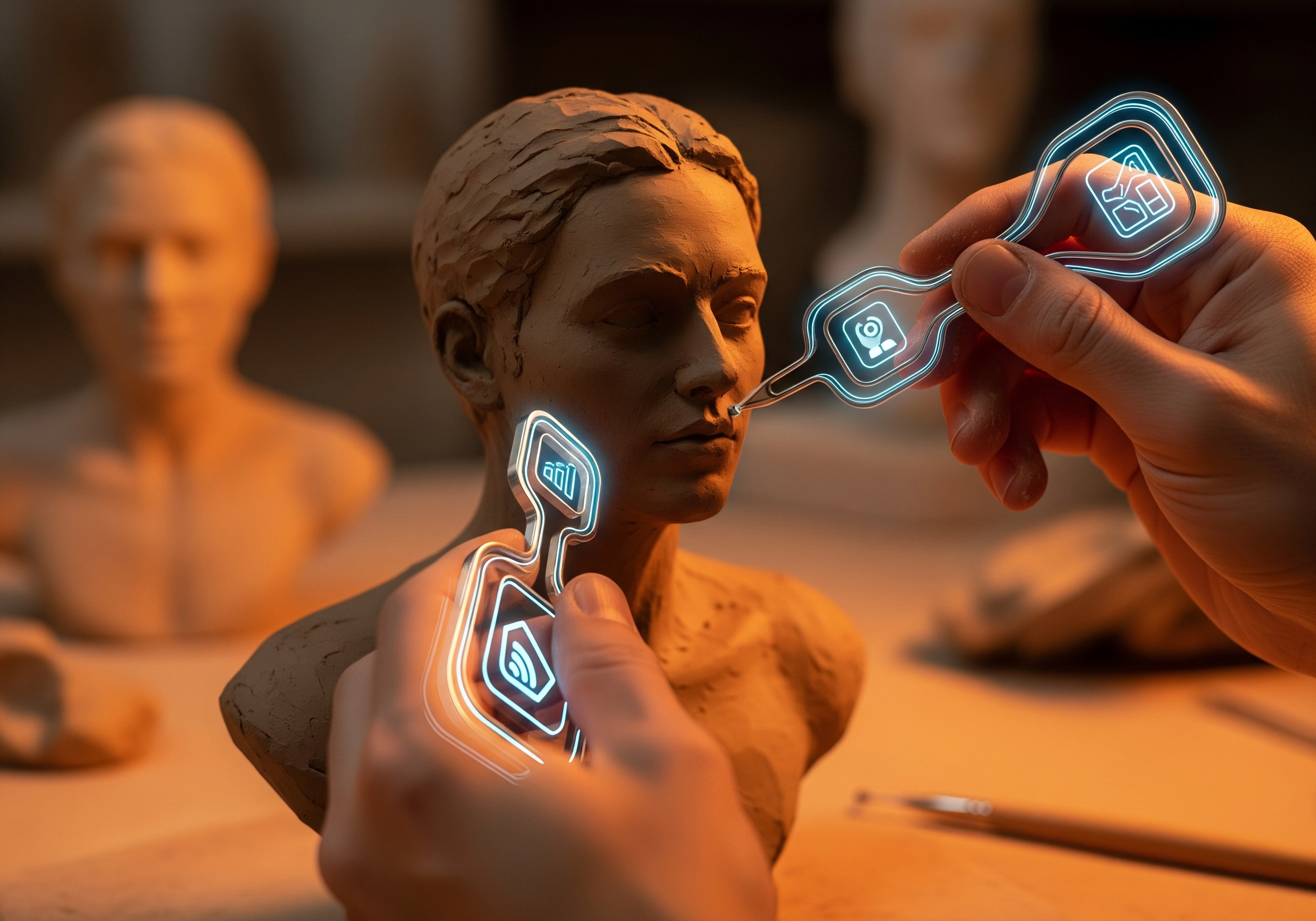 Sculptor adding digital icons to clay bust, representing humanizing AI content.