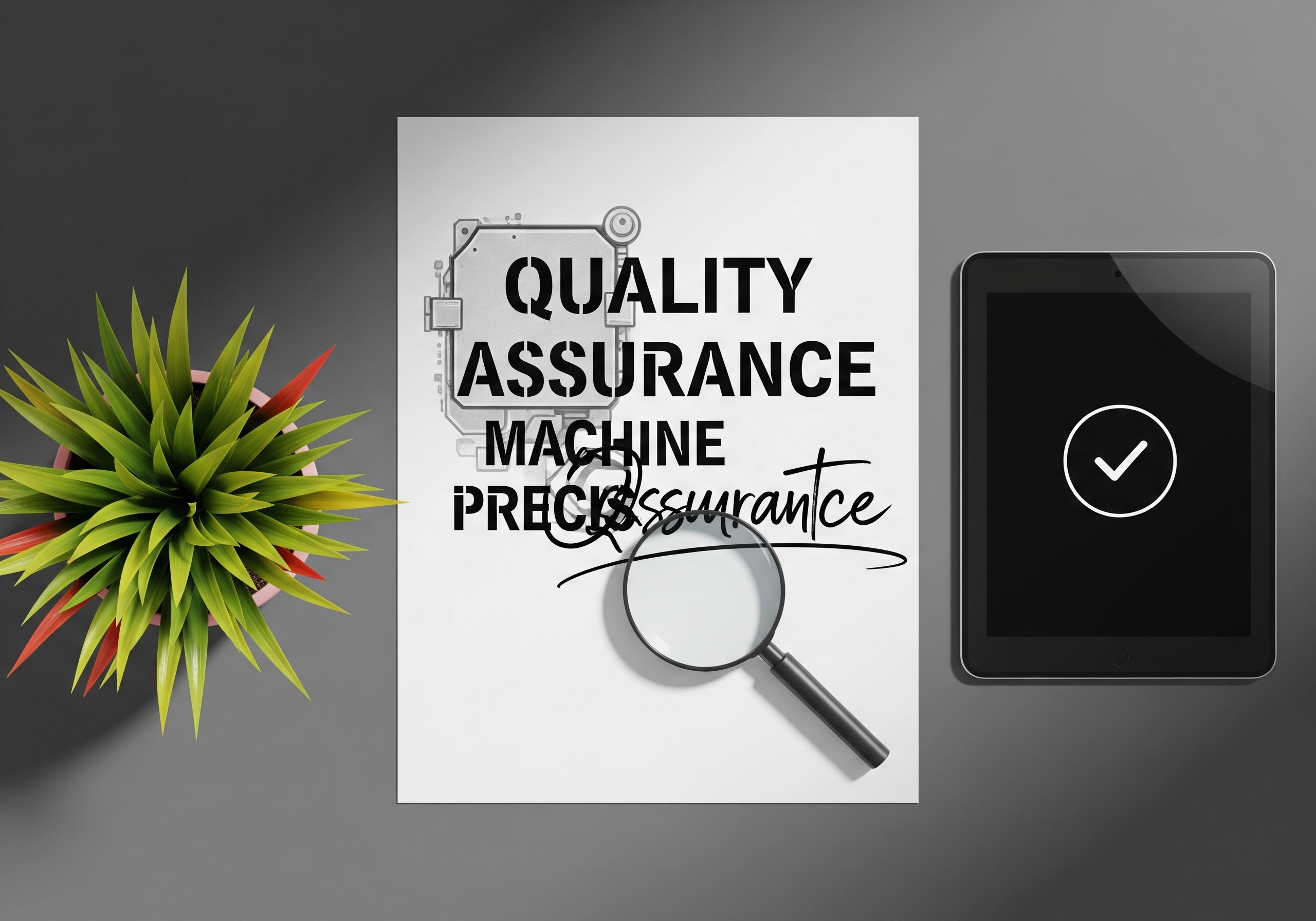 Quality assurance concept with magnifying glass, plant, and tablet.