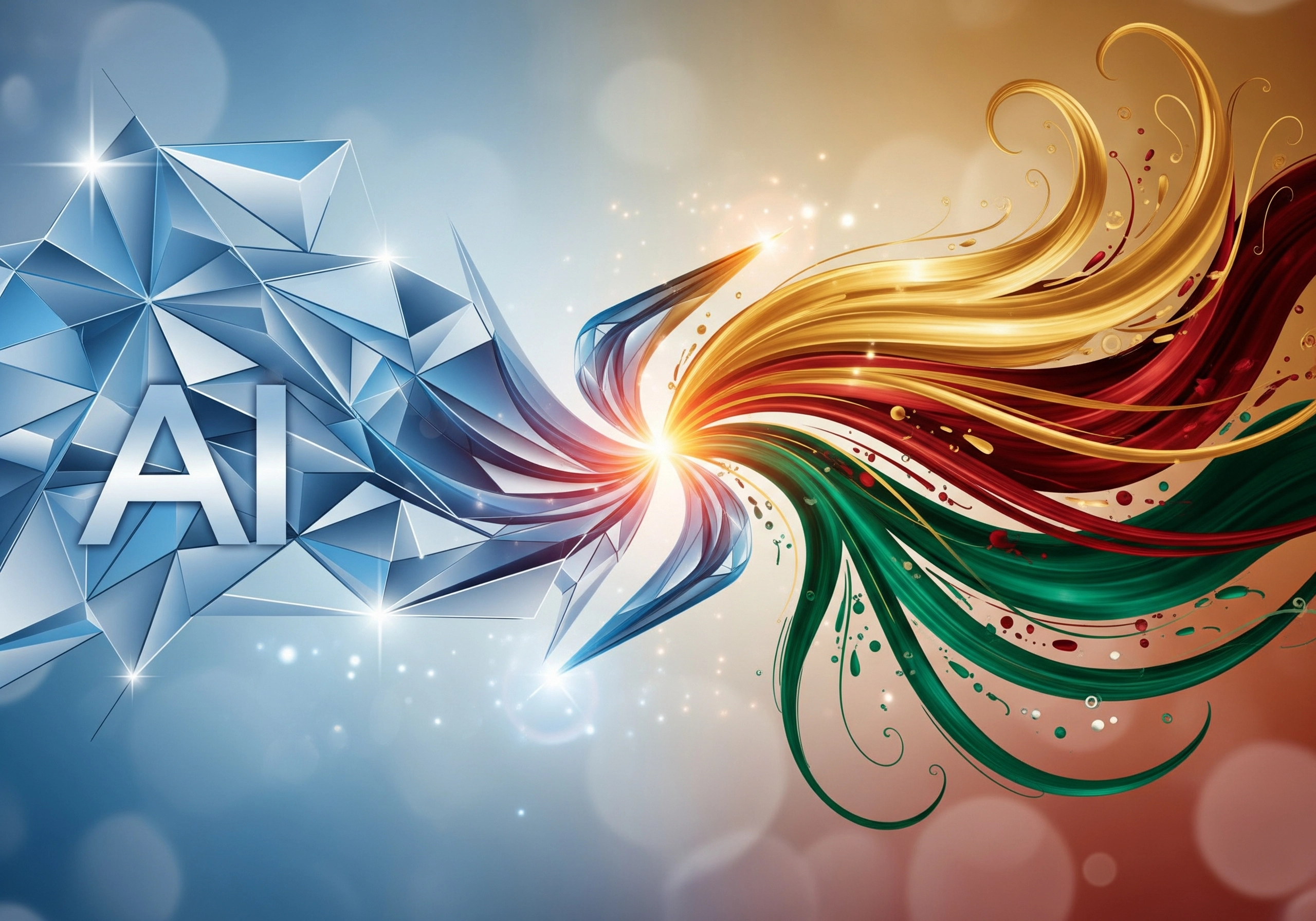 Abstract AI art: Geometric 'AI' text transitions to flowing human-like form.