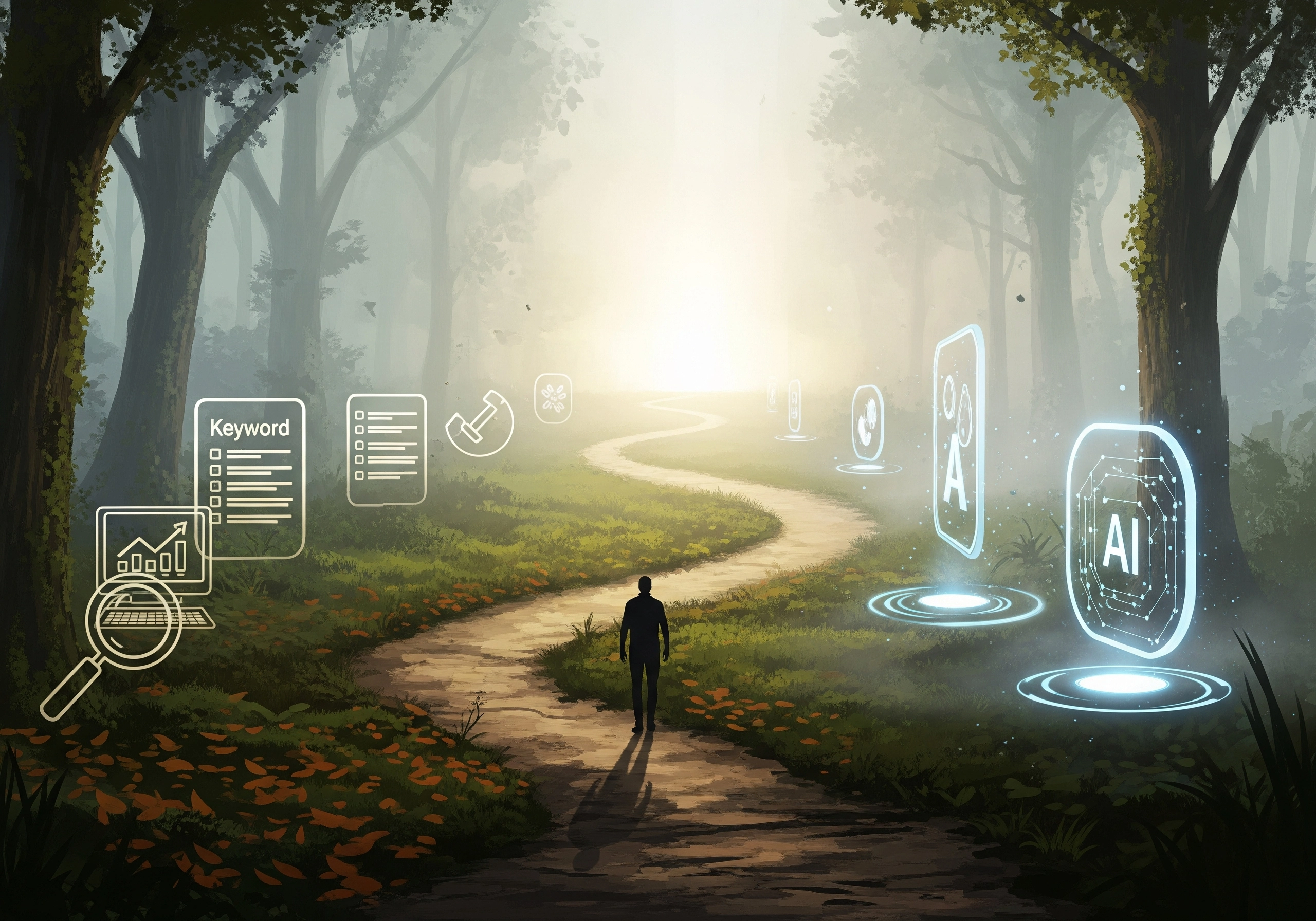 Person walking towards AI SEO icons on path representing website visibility growth
