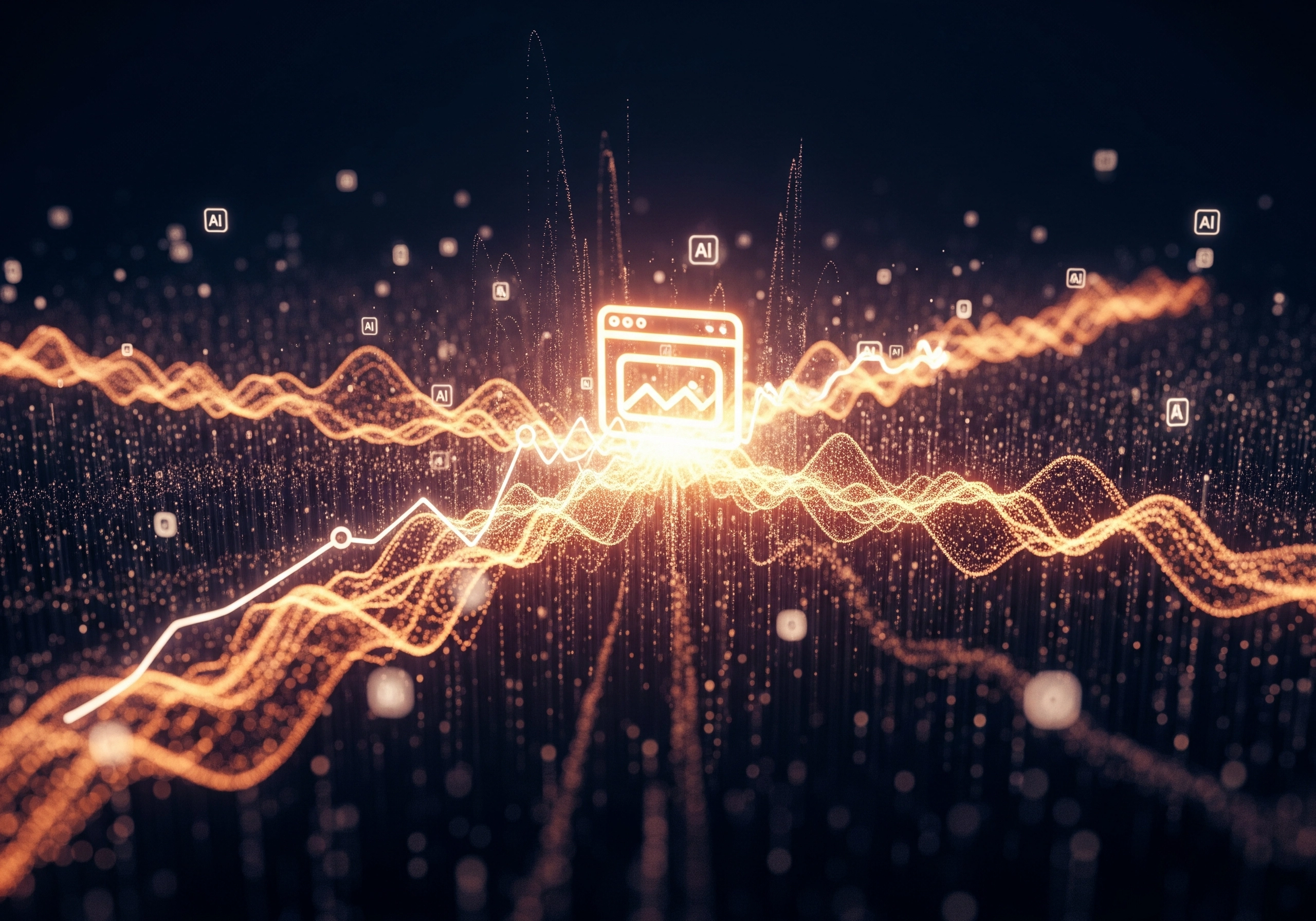 Abstract image of website icon and data streams, representing AI-driven content generation