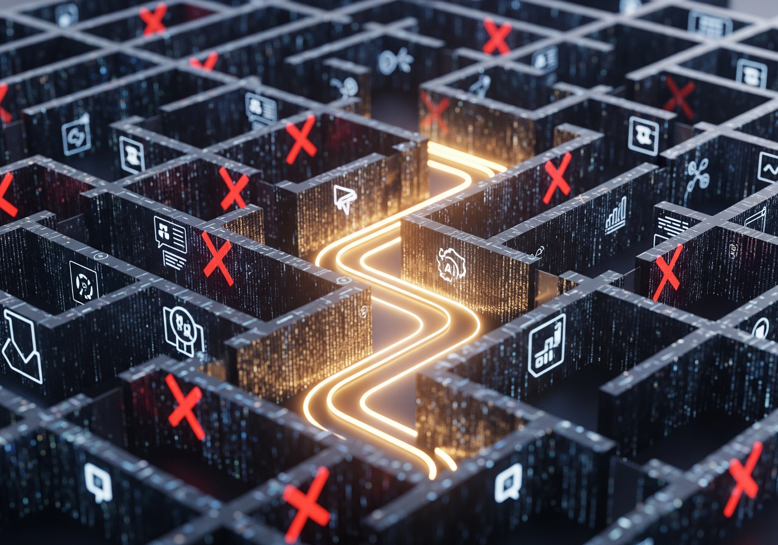 Digital maze with an illuminated path, representing SEO optimisation for website visibility.