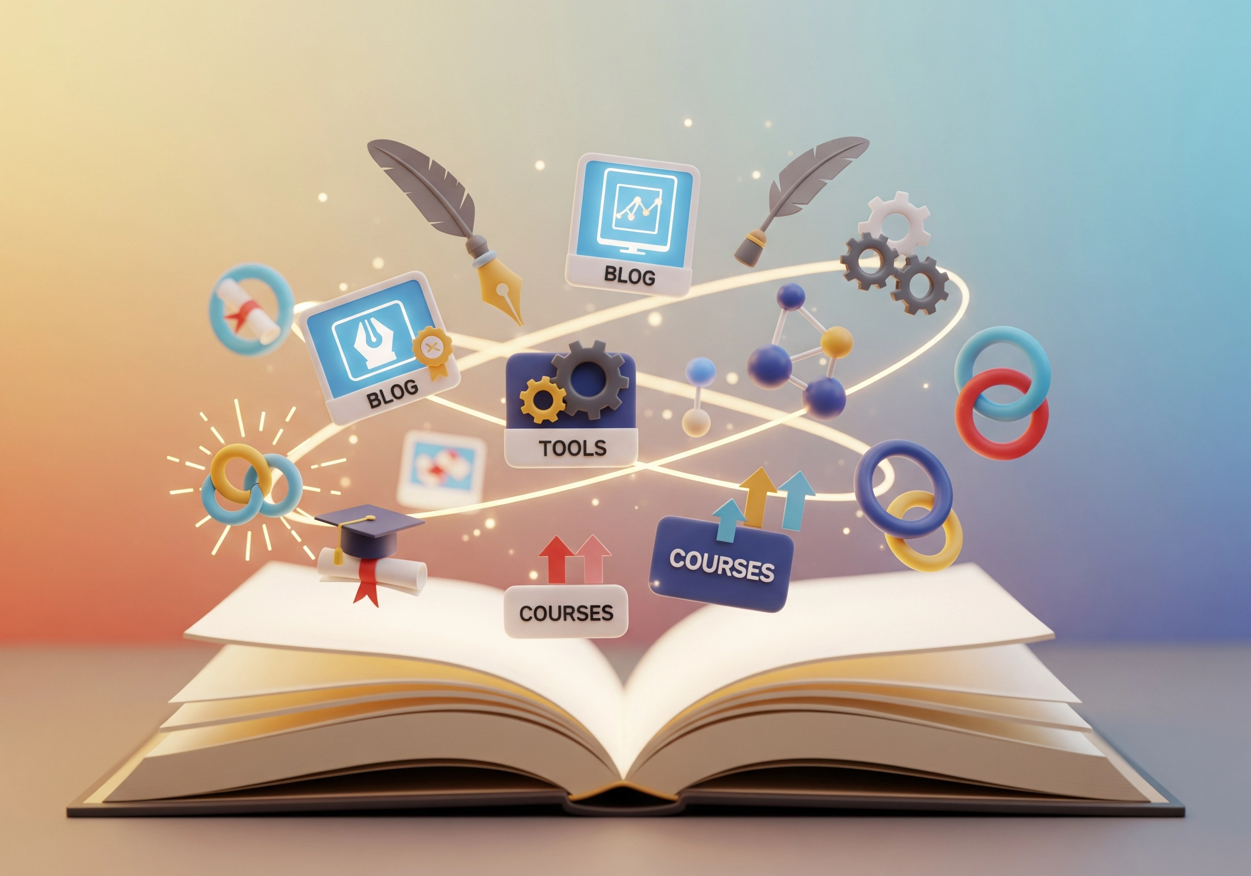 Open book with floating icons representing blogs, tools, and courses for content generation.