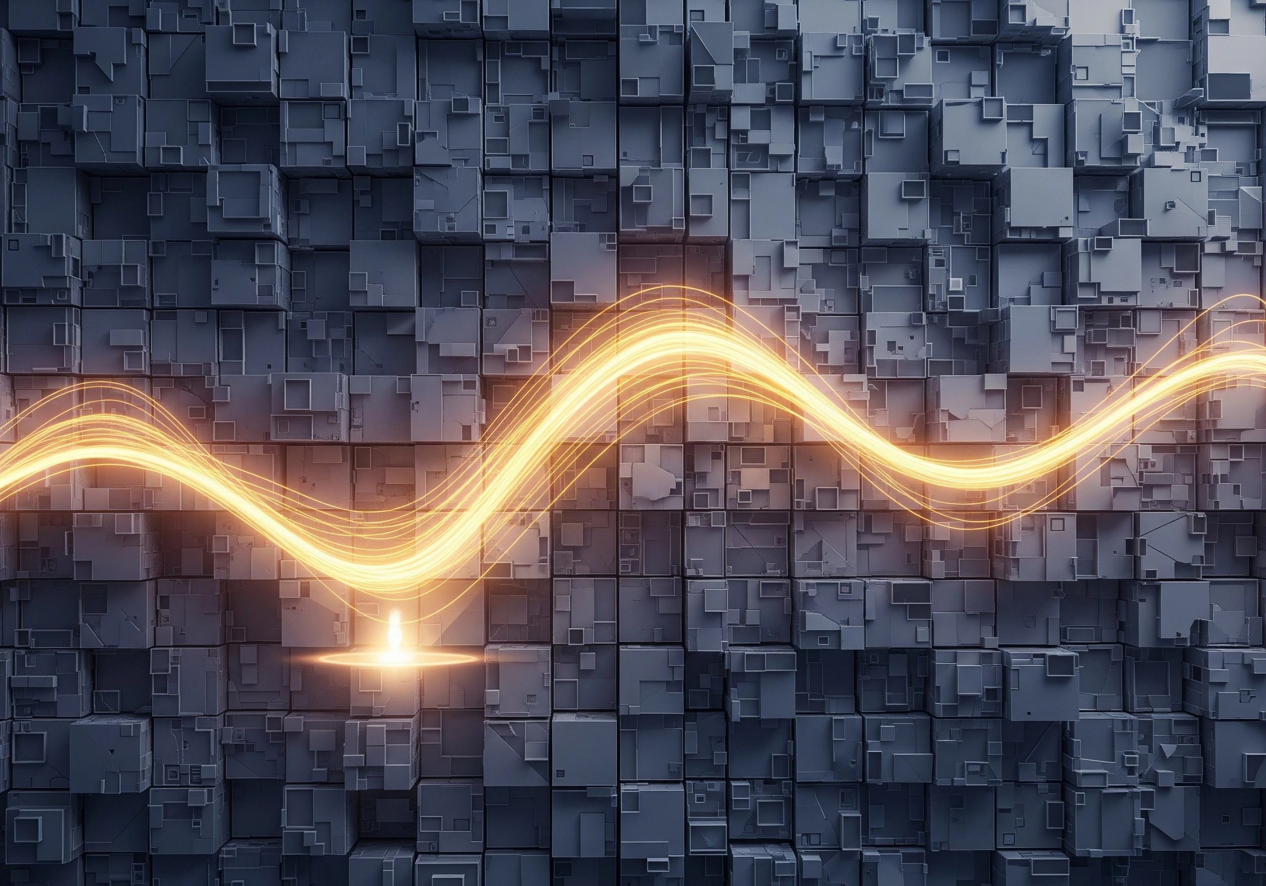 Abstract 3D cubes with glowing wave, representing AI natural language processing.