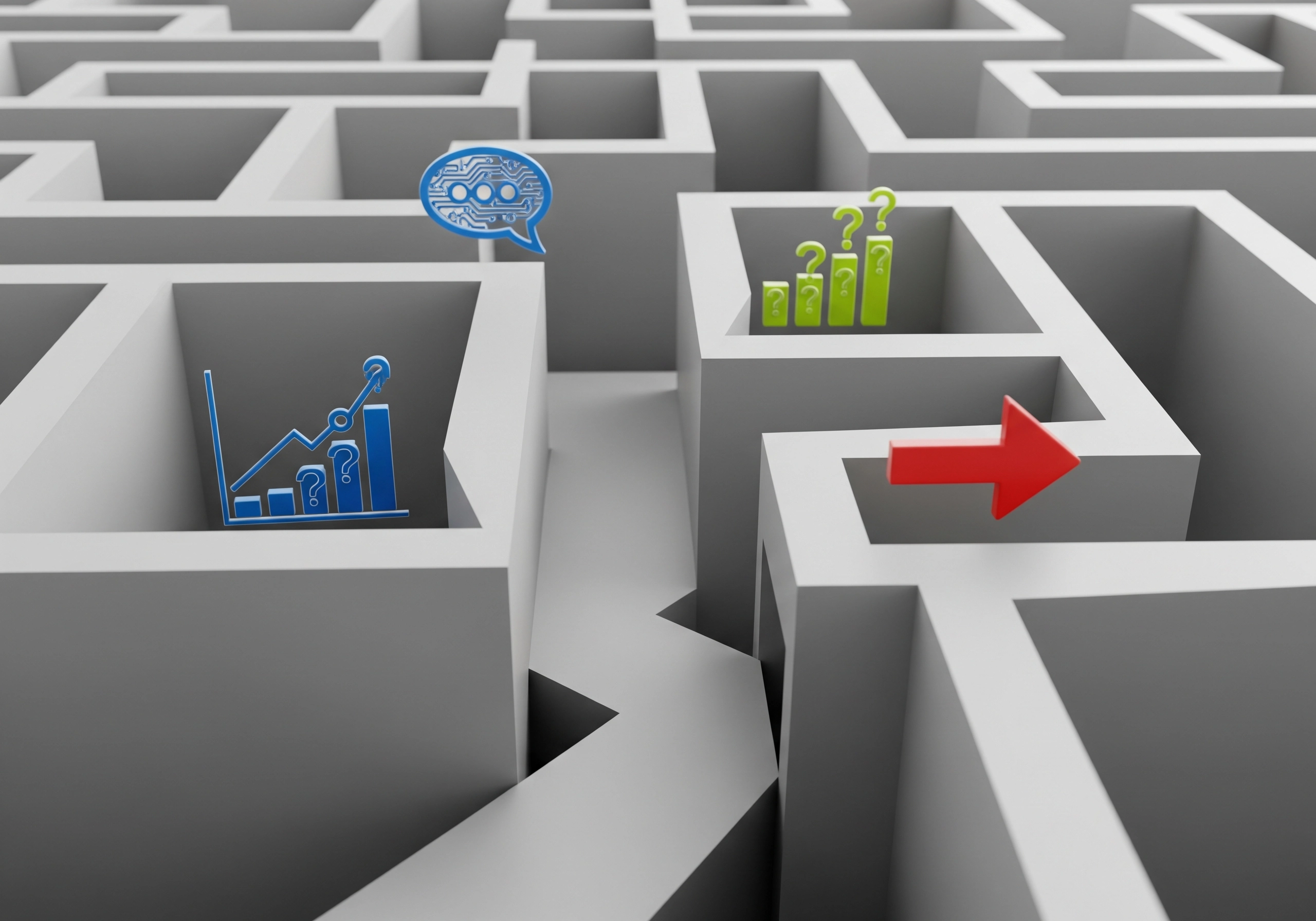 Maze with AI icon, rising charts with questions, and a direct red arrow, representing challenges in AI content.