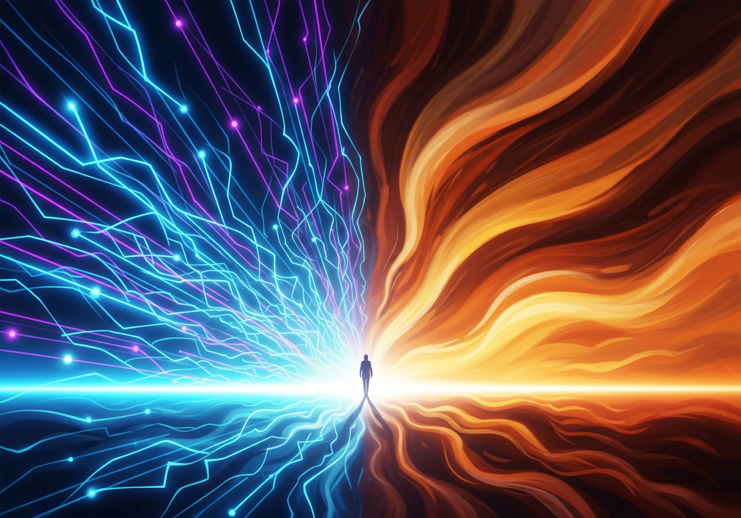 Figure standing between streams of blue digital data and orange flame, symbolizing the debate between AI and human content.