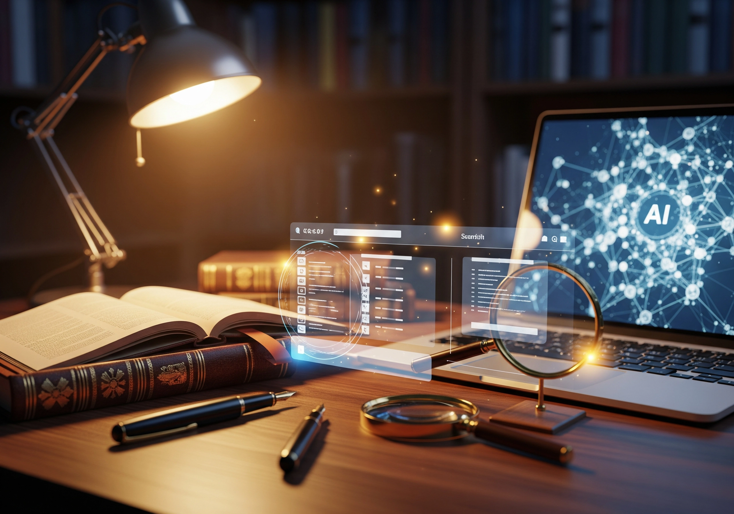 Laptop displaying AI tools for SEO with magnifying glass and open book on desk.