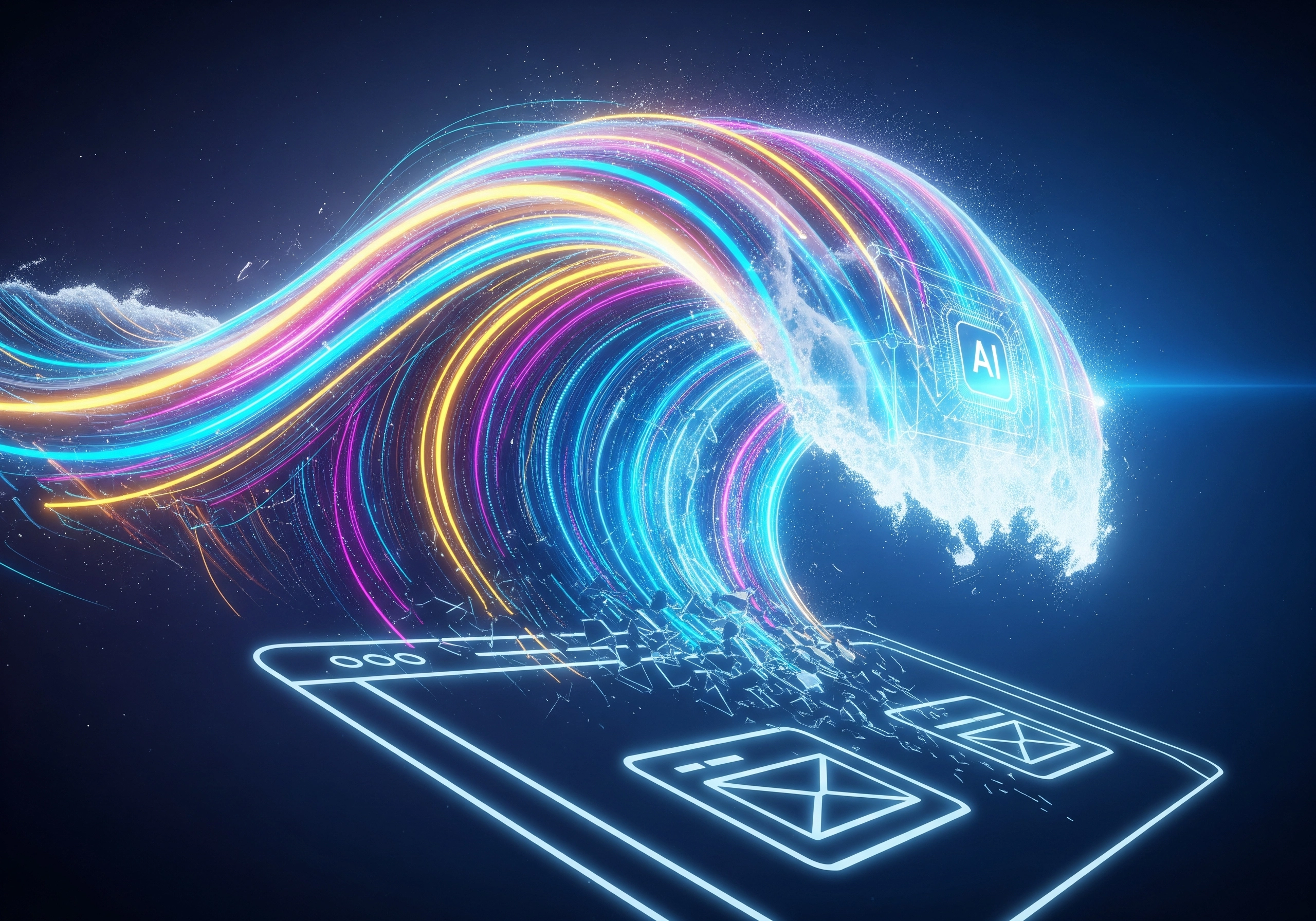 Stylized AI wave crashing onto a tablet, representing the power of AI in content generation.