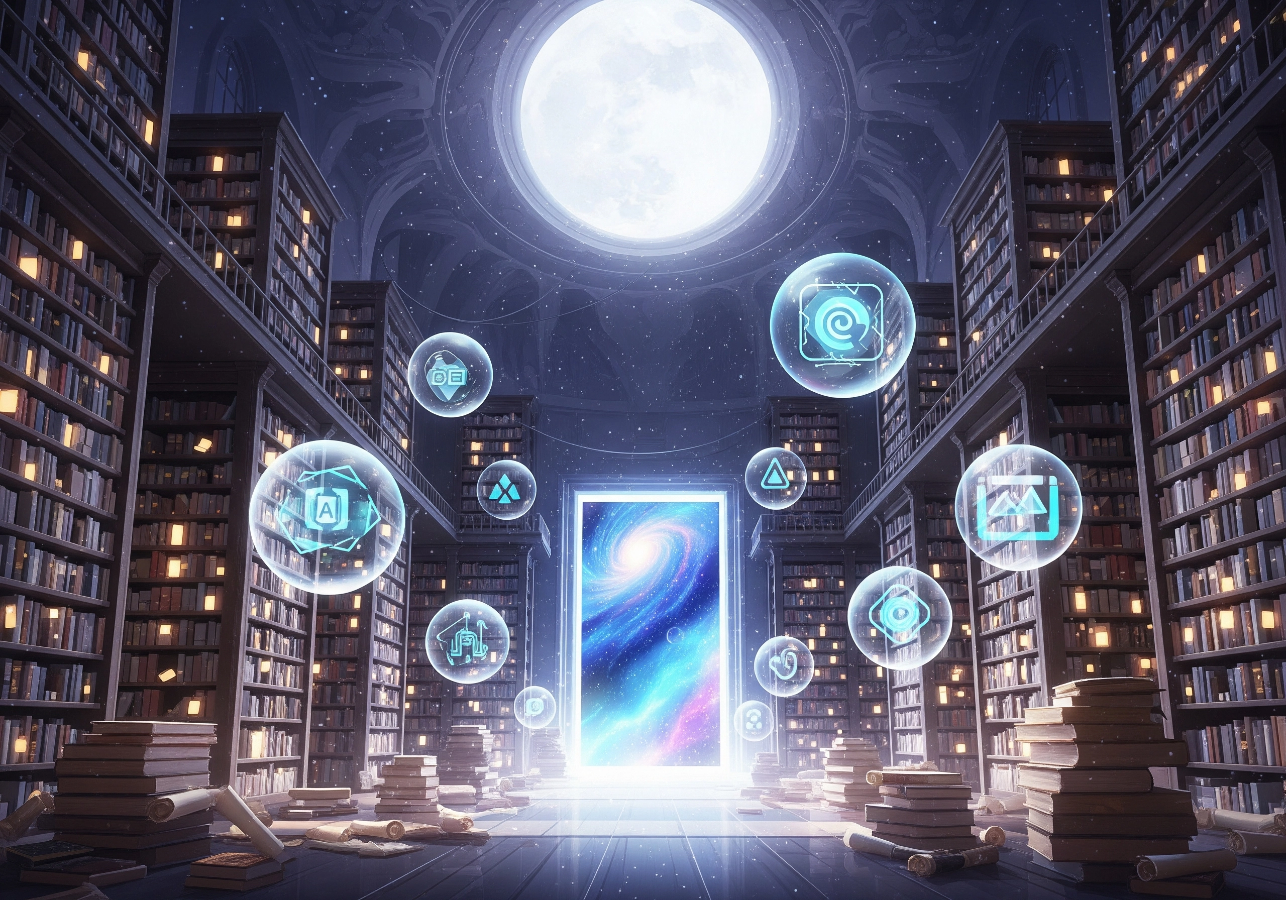 Library with glowing orbs of AI SEO tools, offering digital visibility insights.