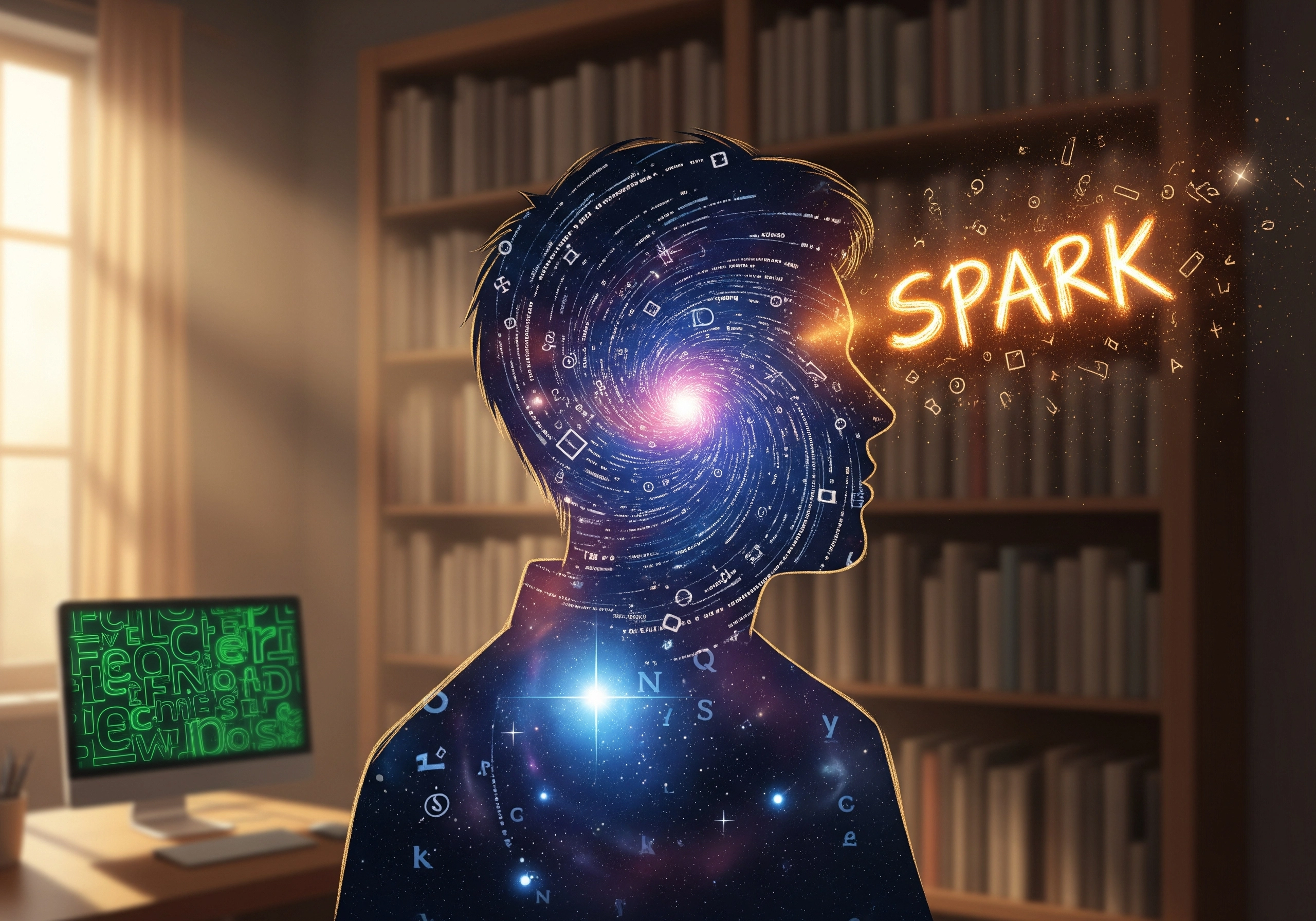Silhouette of person with glowing text and cosmic brain, sparking AI content