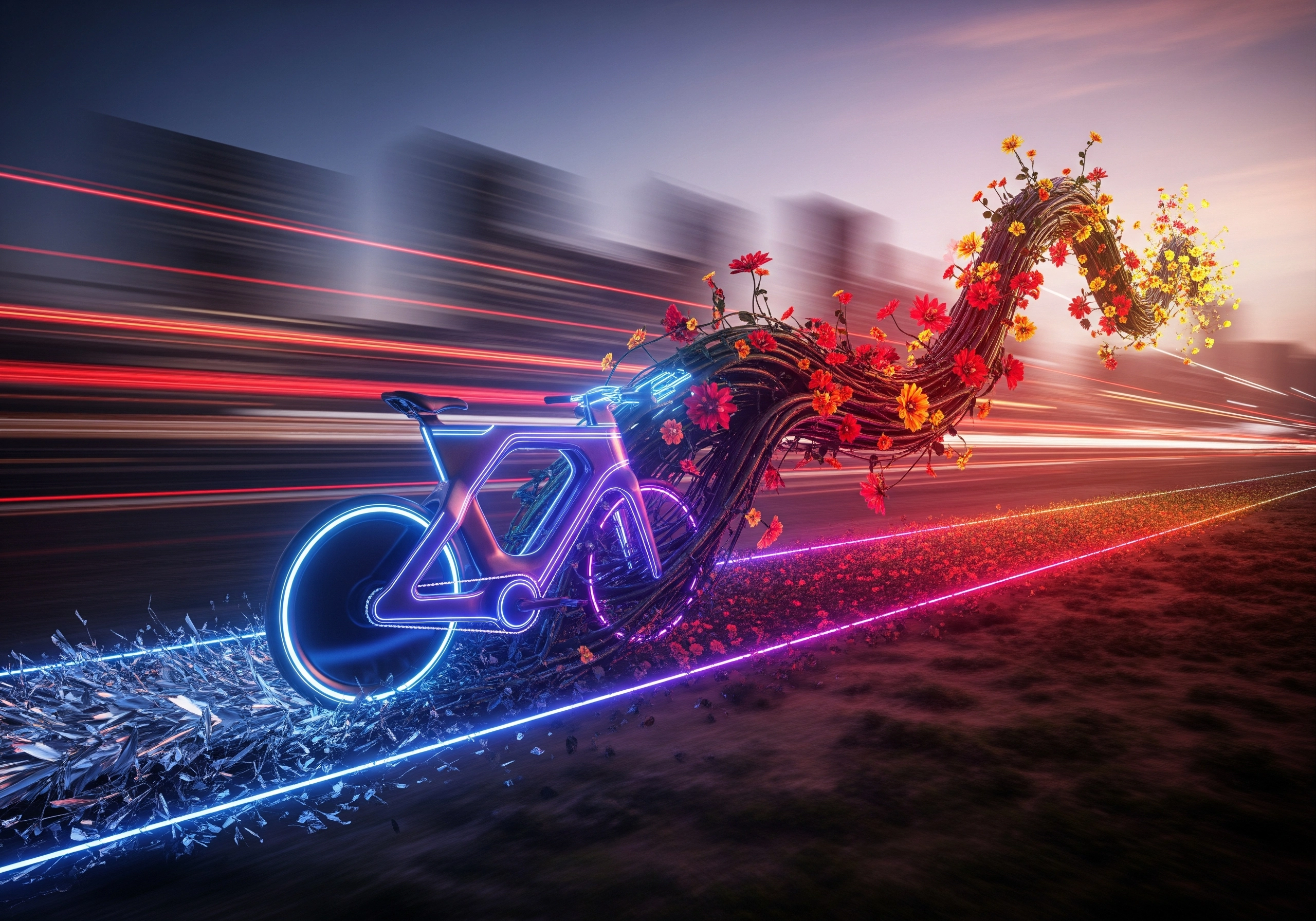 Futuristic neon bike with flowers against blurred city lights at dusk