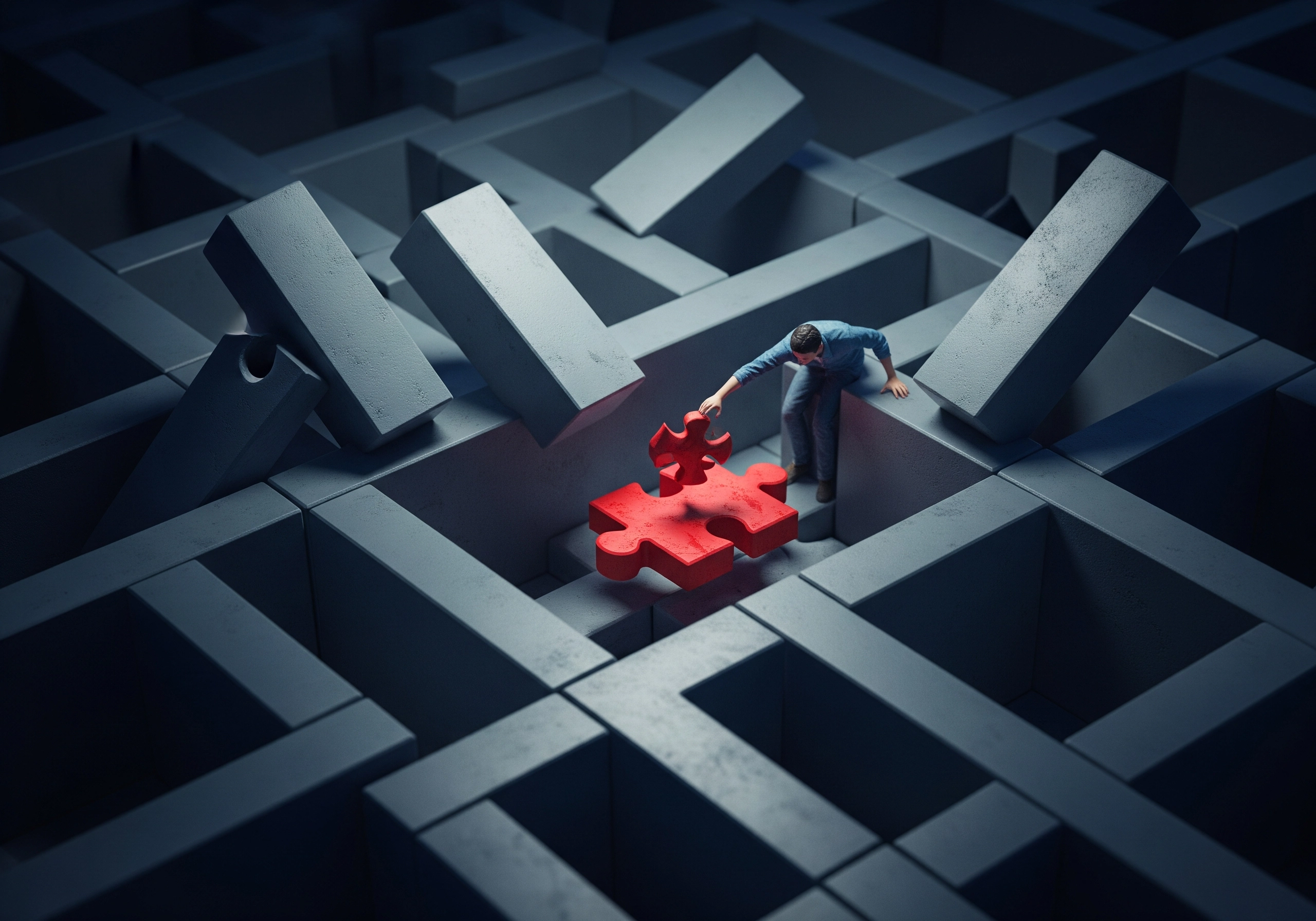 Man connecting a red puzzle piece in a gray maze, symbolizing how to humanize AI content.