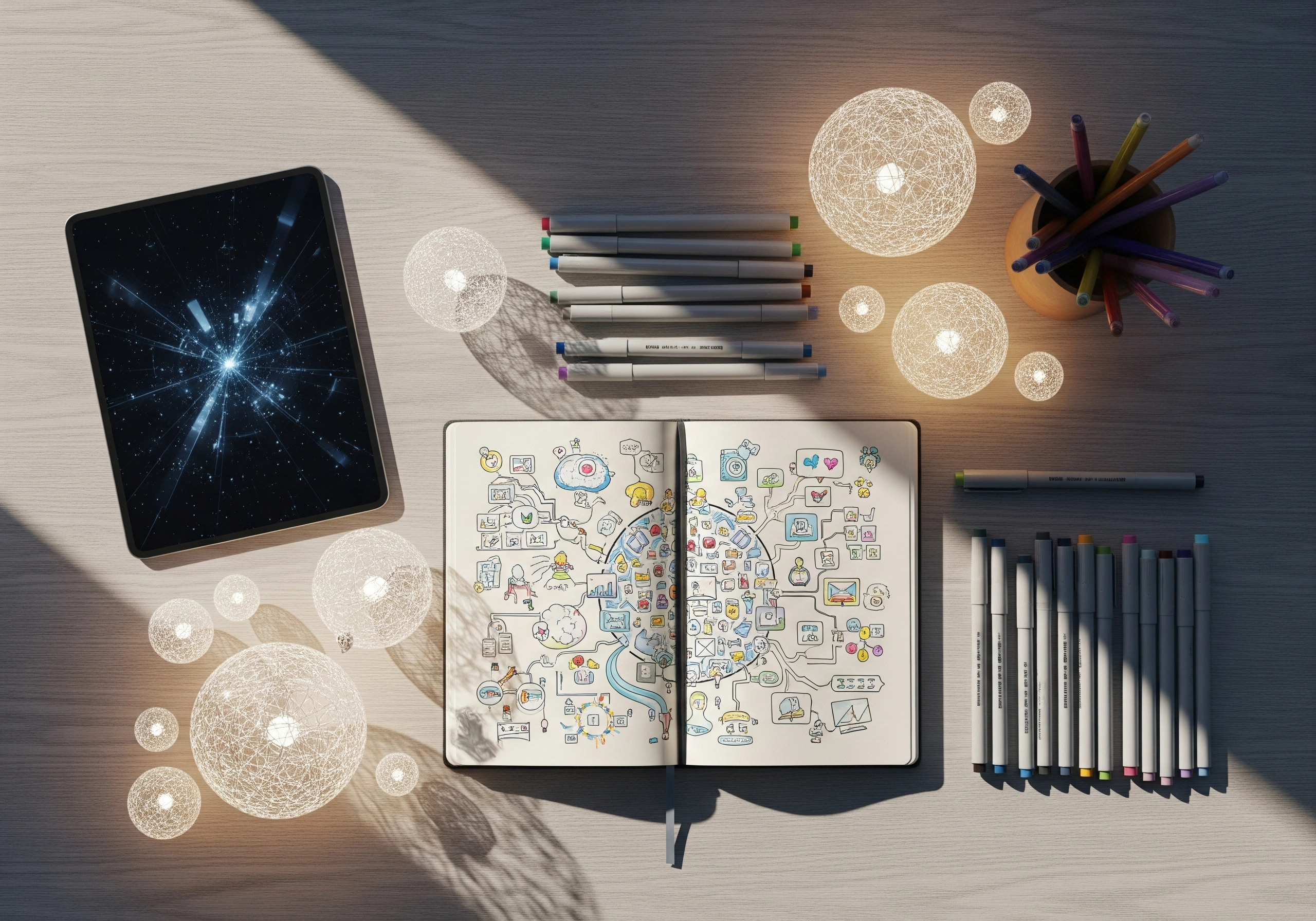 Open notebook with doodles, tablet, and markers, illustrating creative AI blog writing.