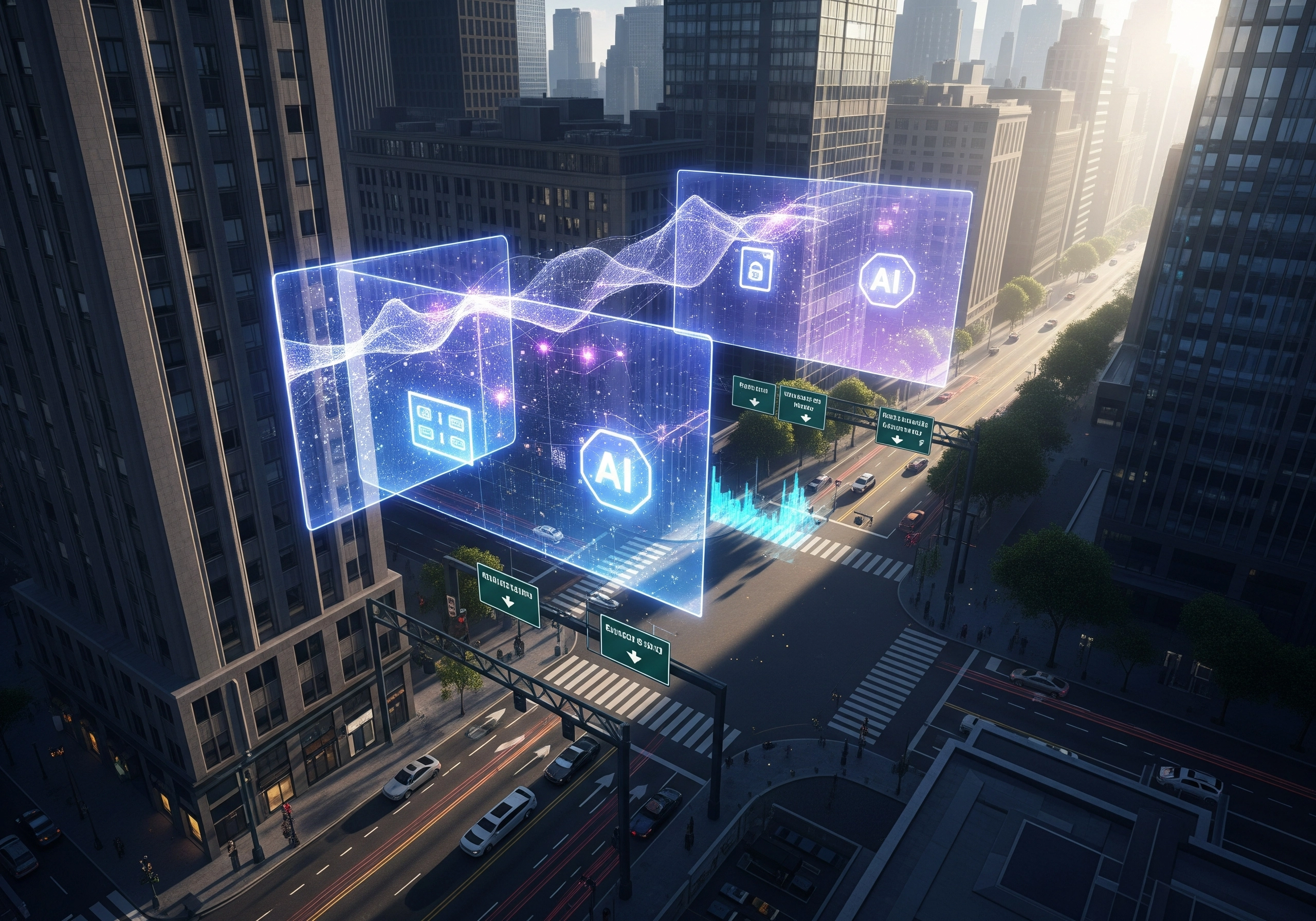 Futuristic city view with AI interface, representing AI SEO and page optimisation.