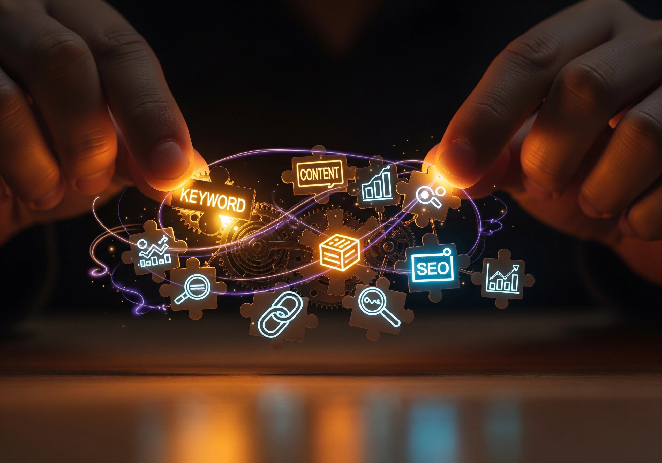 Hands assembling SEO puzzle pieces with keyword, content, and analytics icons.