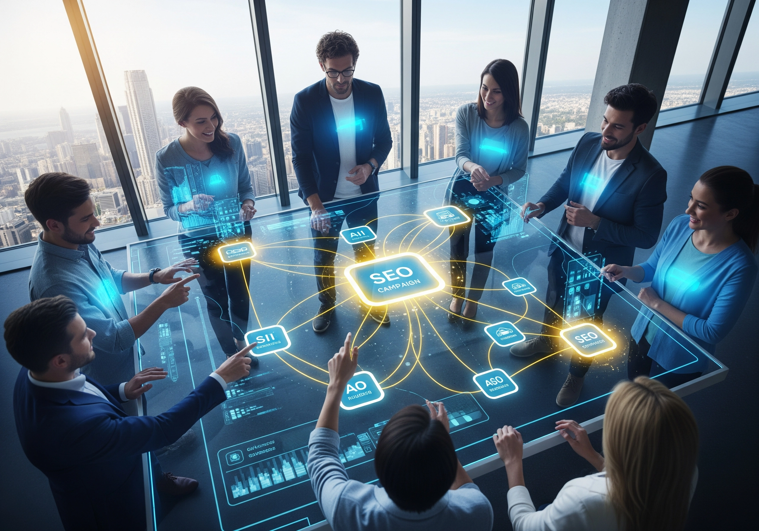 Team brainstorming SEO campaign strategy around a digital table in modern office.