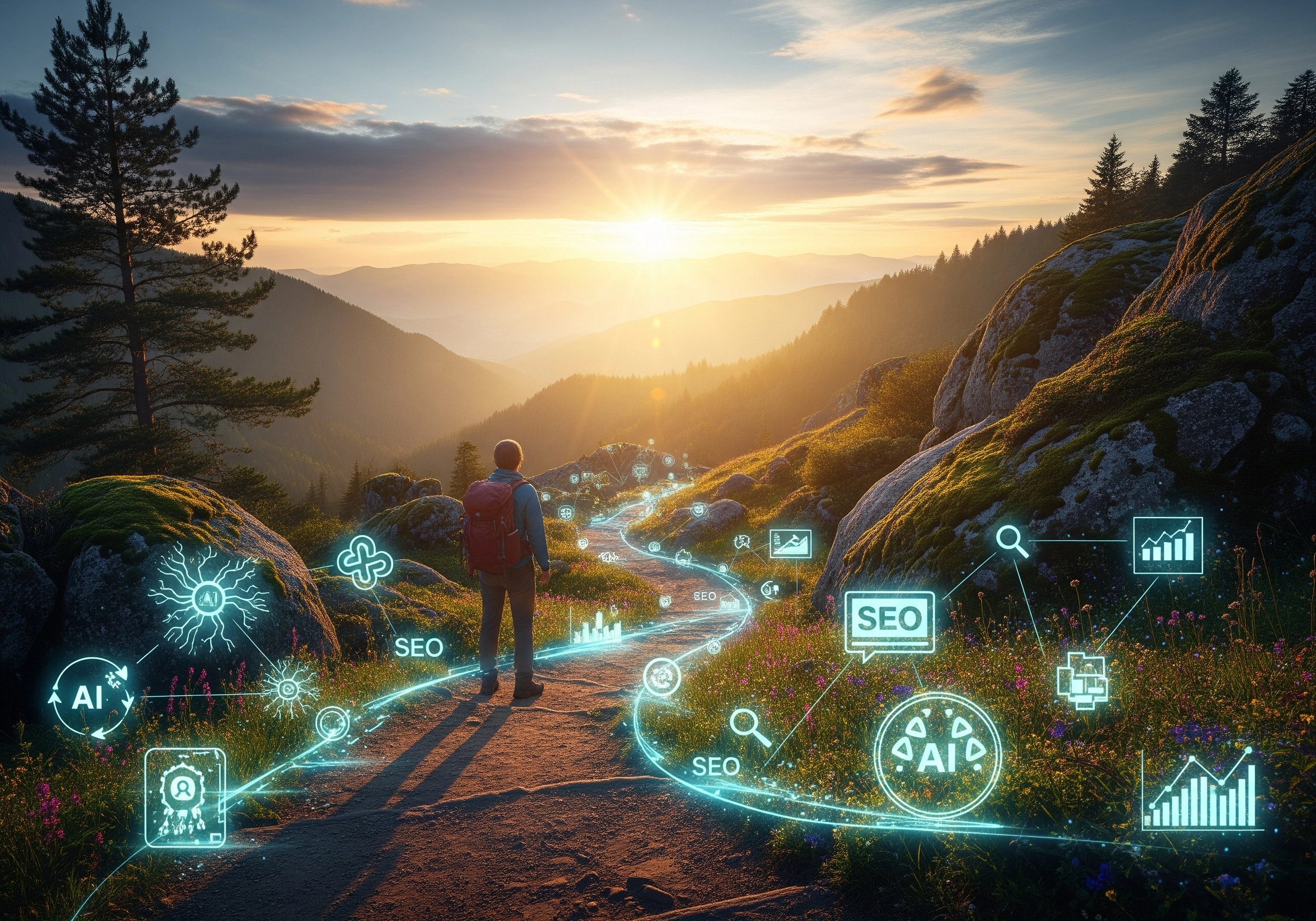 Man hiking on mountain trail with glowing AI SEO icons overlayed on the path.
