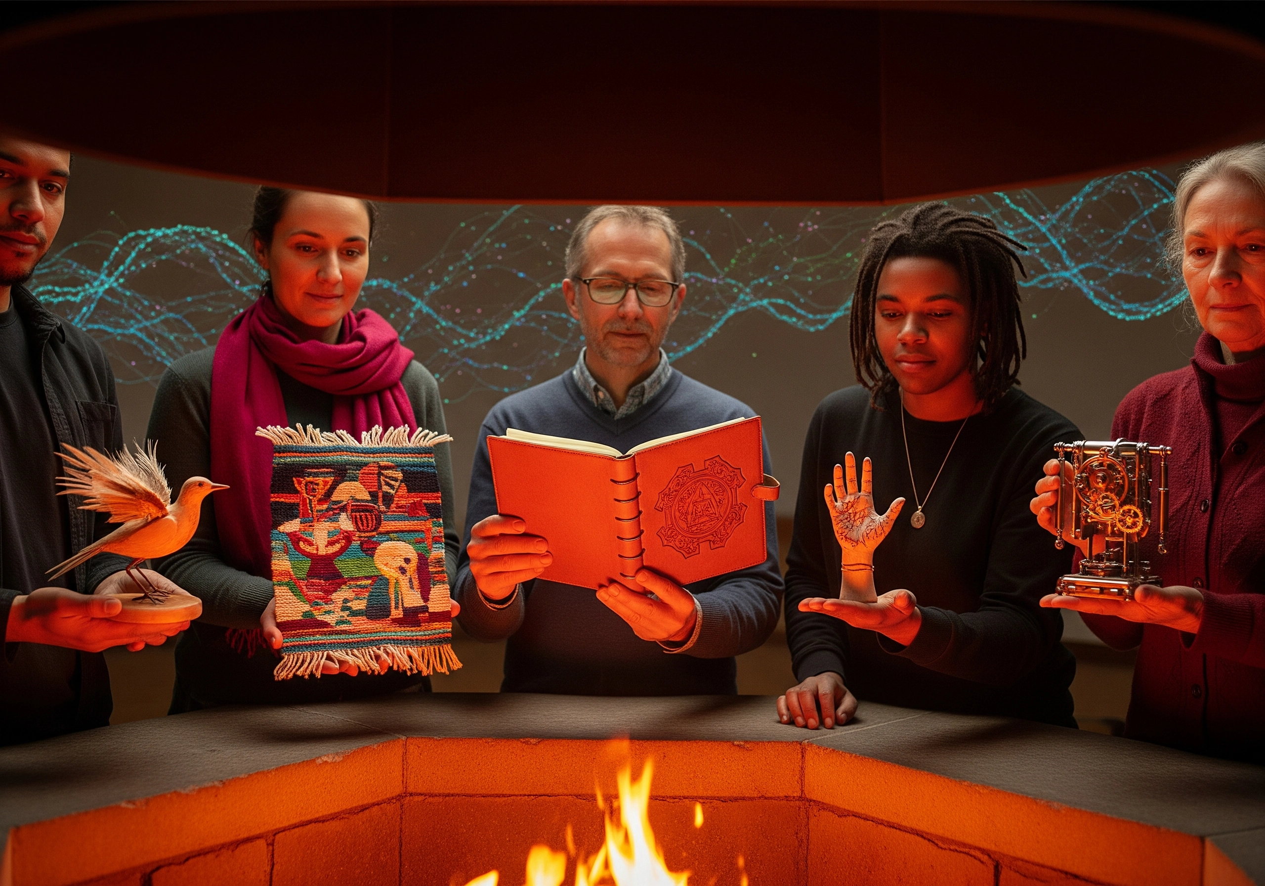 Group holding symbolic objects around a fire, representing diverse perspectives on AI humanizers.