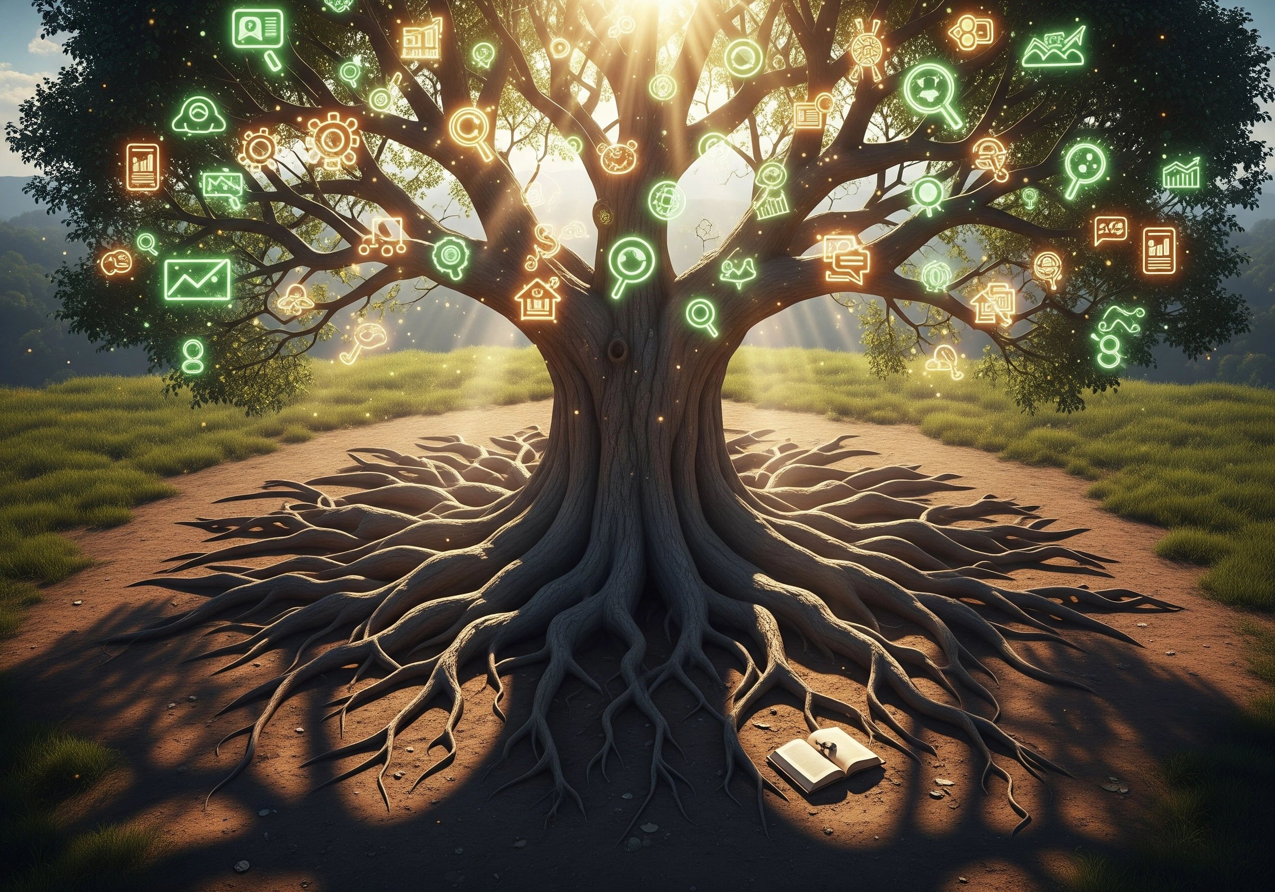 Tree with glowing SEO icons and open book, symbolizing an AI blog writer's knowledge growth.
