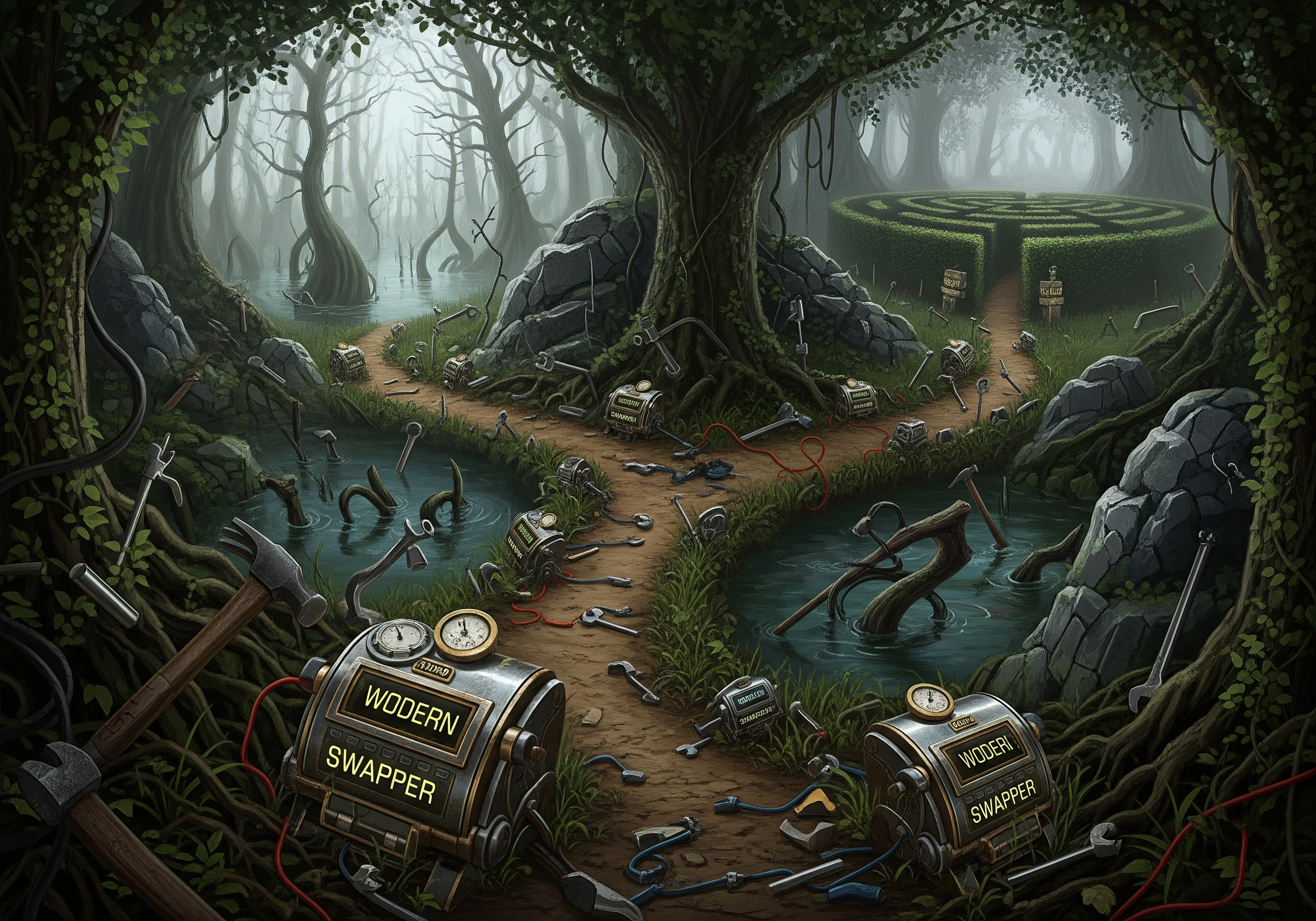 Surreal swamp scene with a maze, tools, and 'modern swapper' devices showing a path to humanize content.