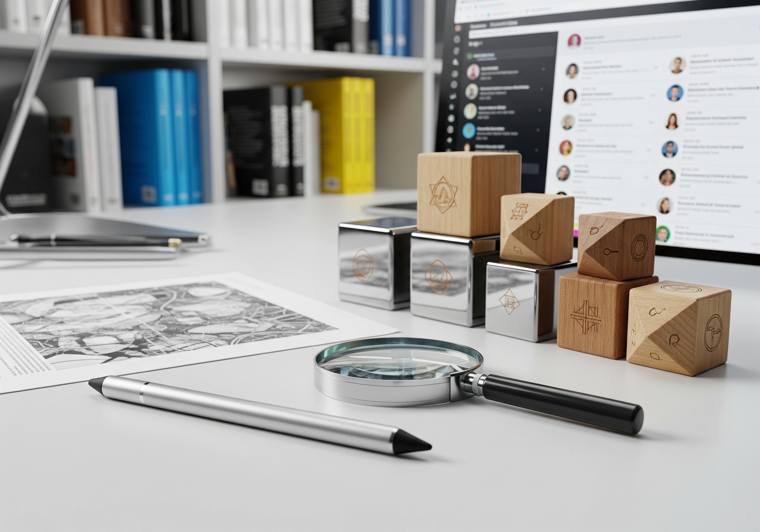 Desk with magnifying glass, pen, blocks, and monitor displaying an email inbox, concept for AI content detector.