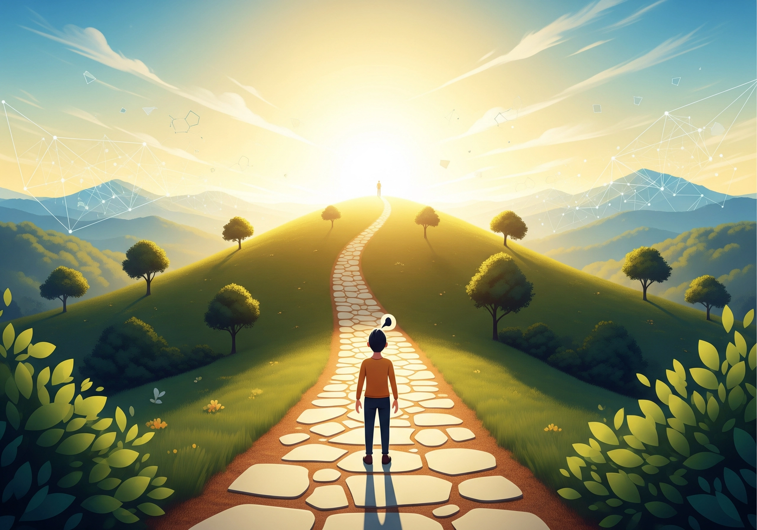 Person standing on stone path toward distant figure, considering AI SEO.