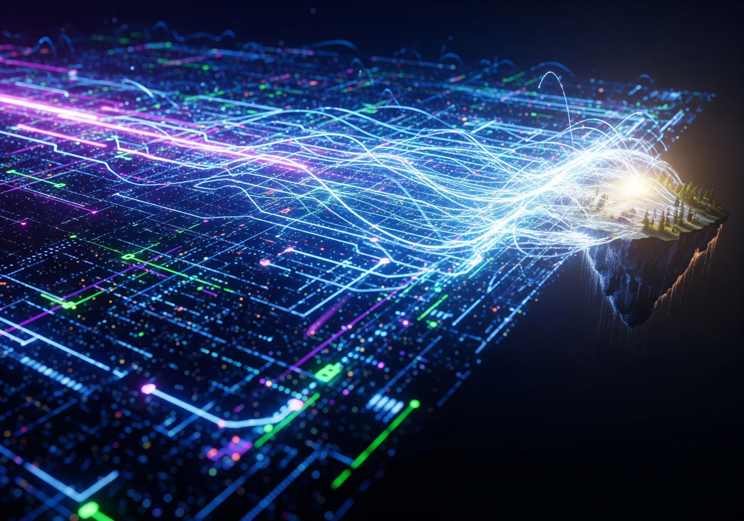 Abstract digital landscape with neon lines, related to AI content generation.