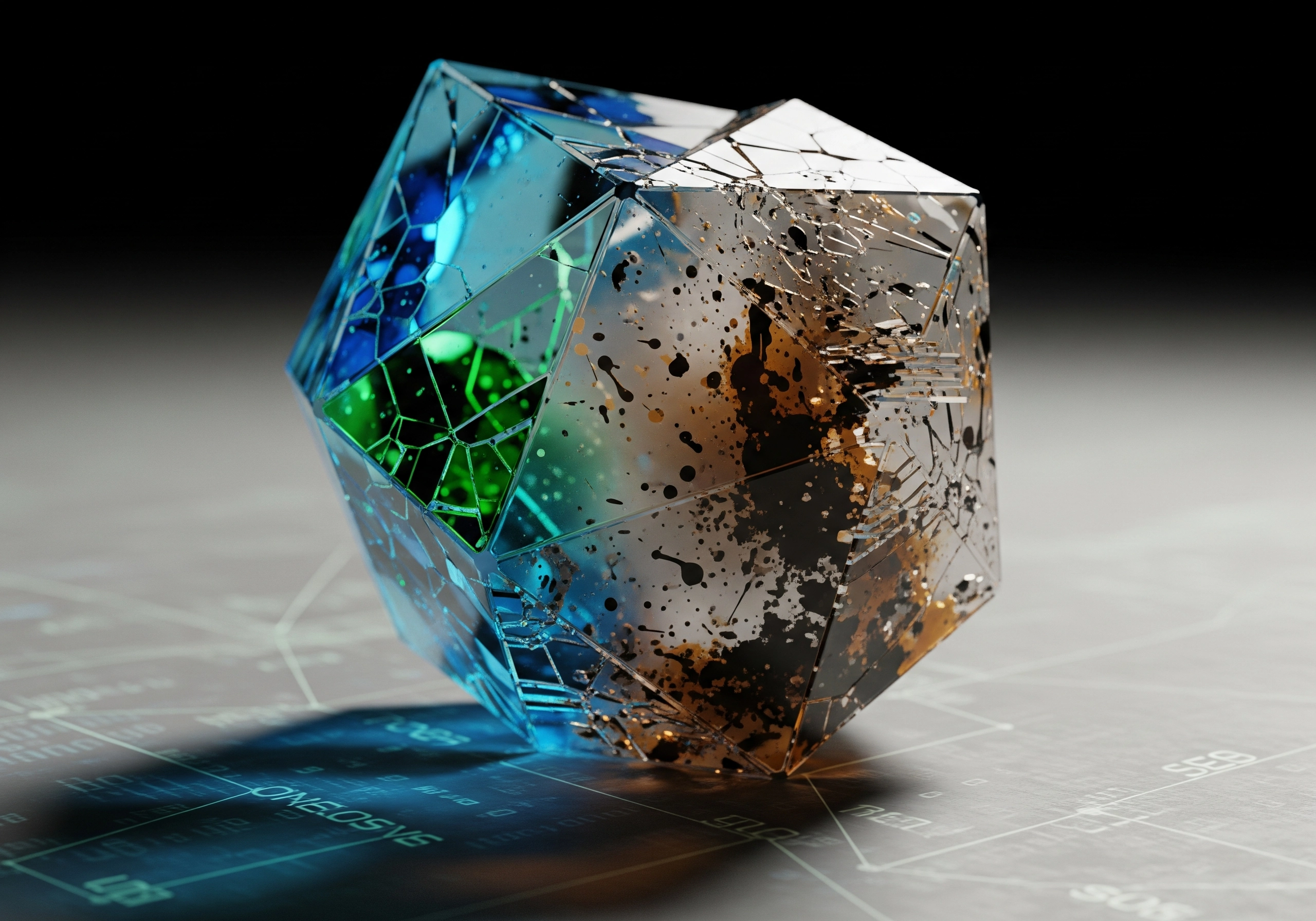 Abstract dodecahedron with blue, green, and silver textures on circuit board.