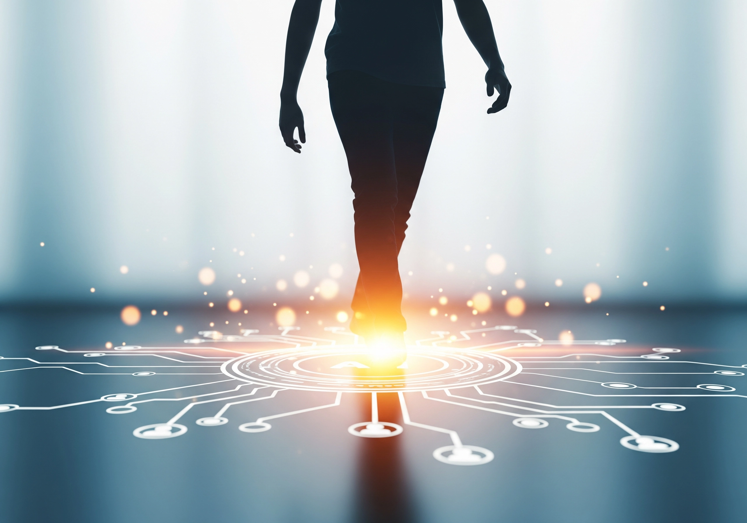 Silhouette of person walking onto glowing AI circuit, representing SEO optimisation.
