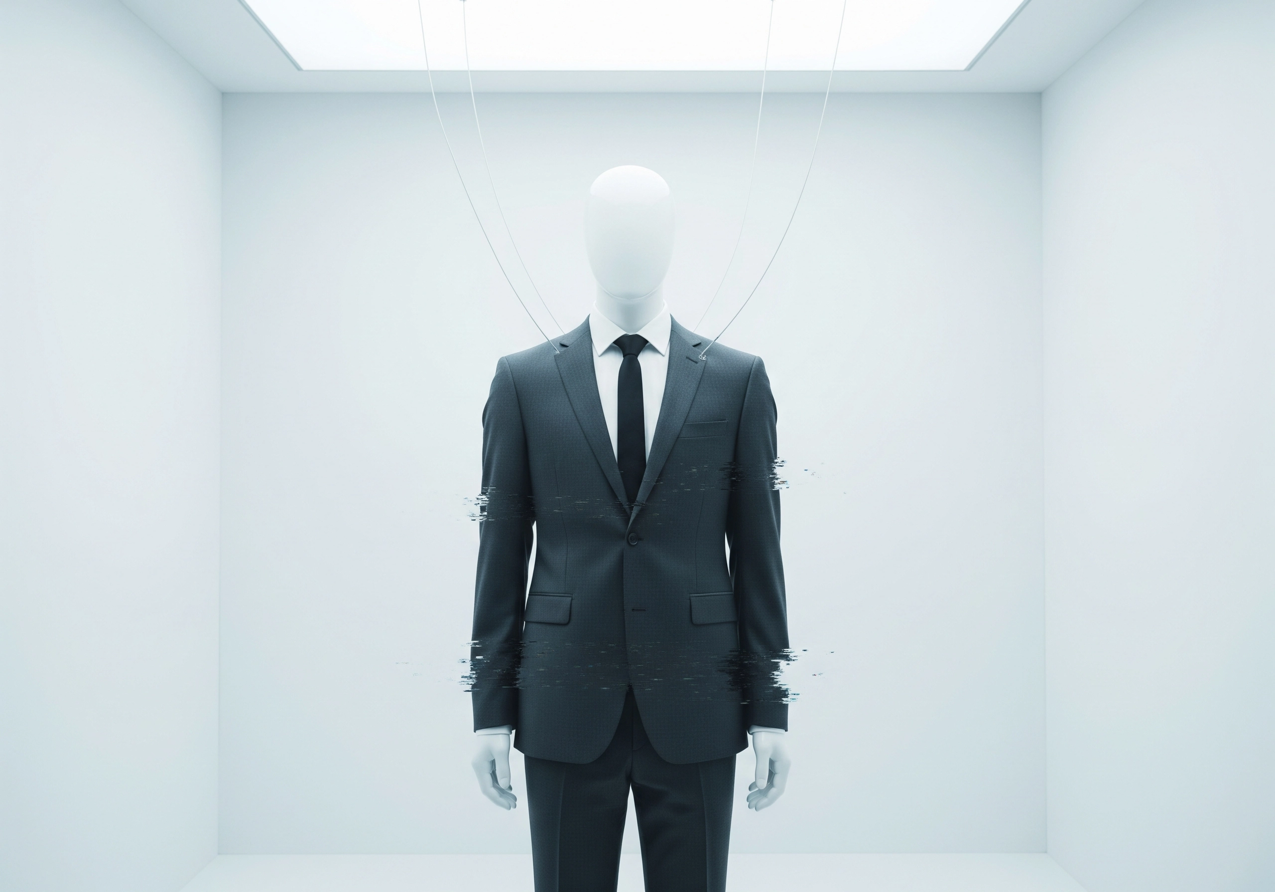 Mannequin in suit with glitch effect, representing robotic or AI-generated content.