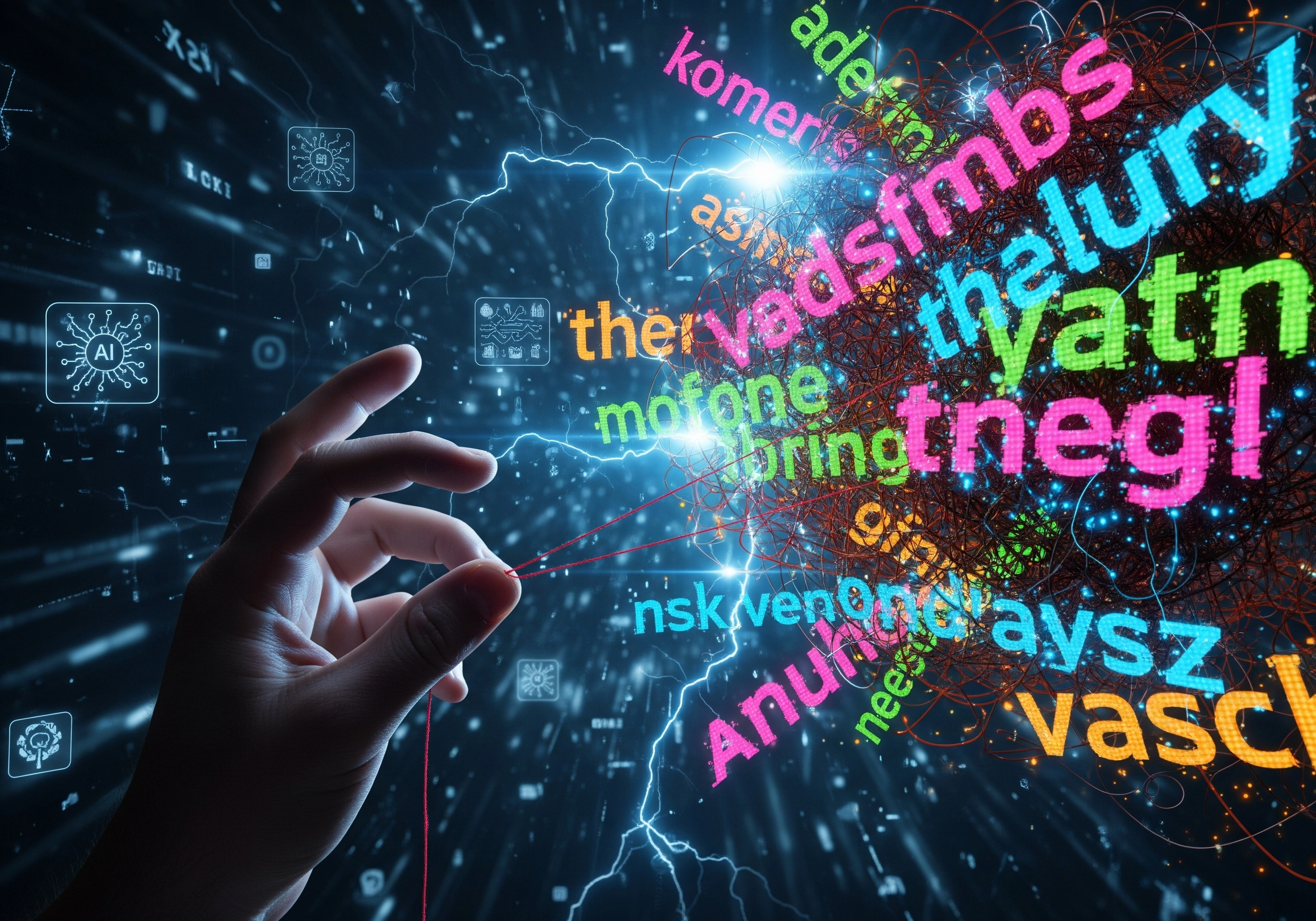 Hand manipulating AI text strings, illustrating how to humanize AI content.