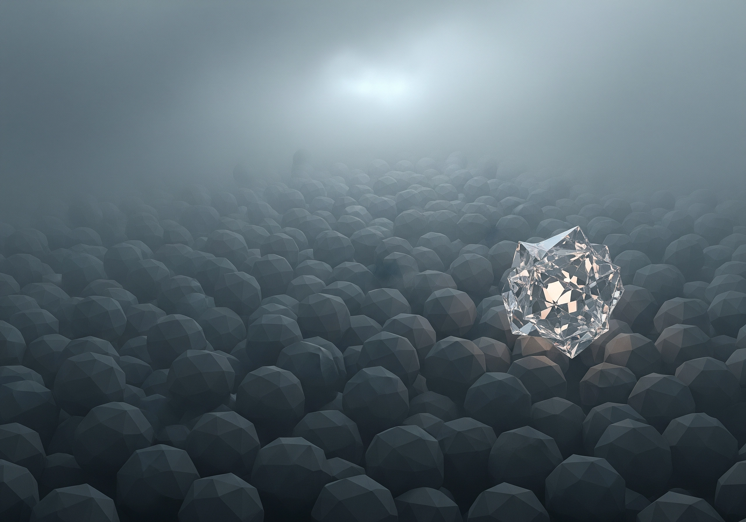 Glowing diamond surrounded by dull stones in a foggy landscape.