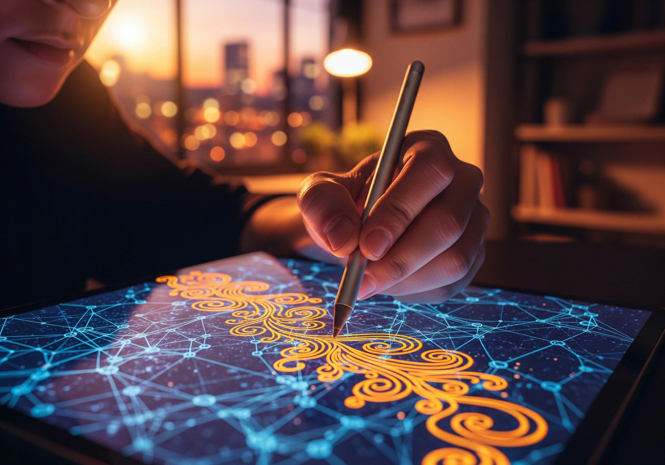 Hand using stylus on tablet for AI content generation strategy.