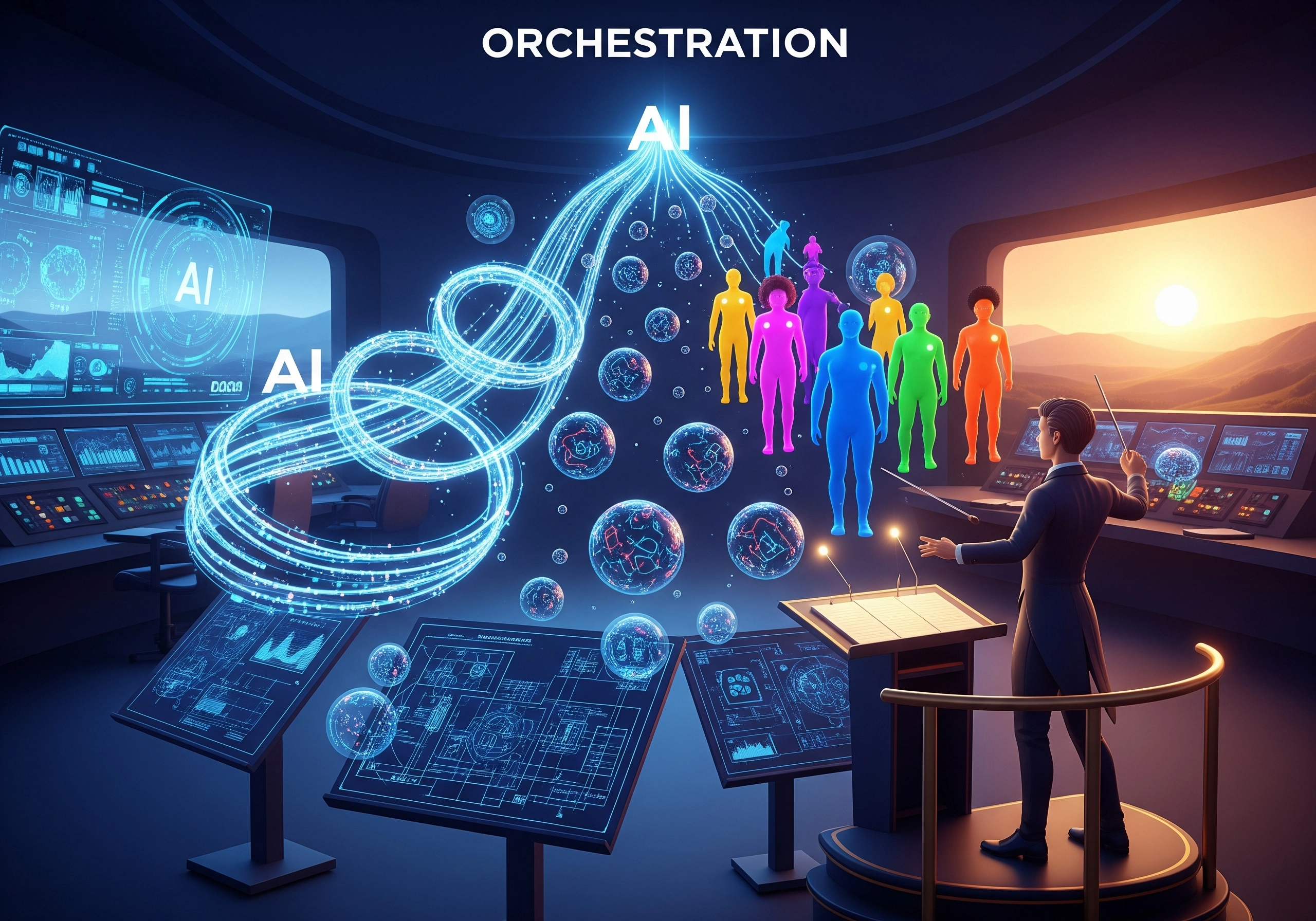 AI orchestration concept: conductor leads figures powered by data streams.