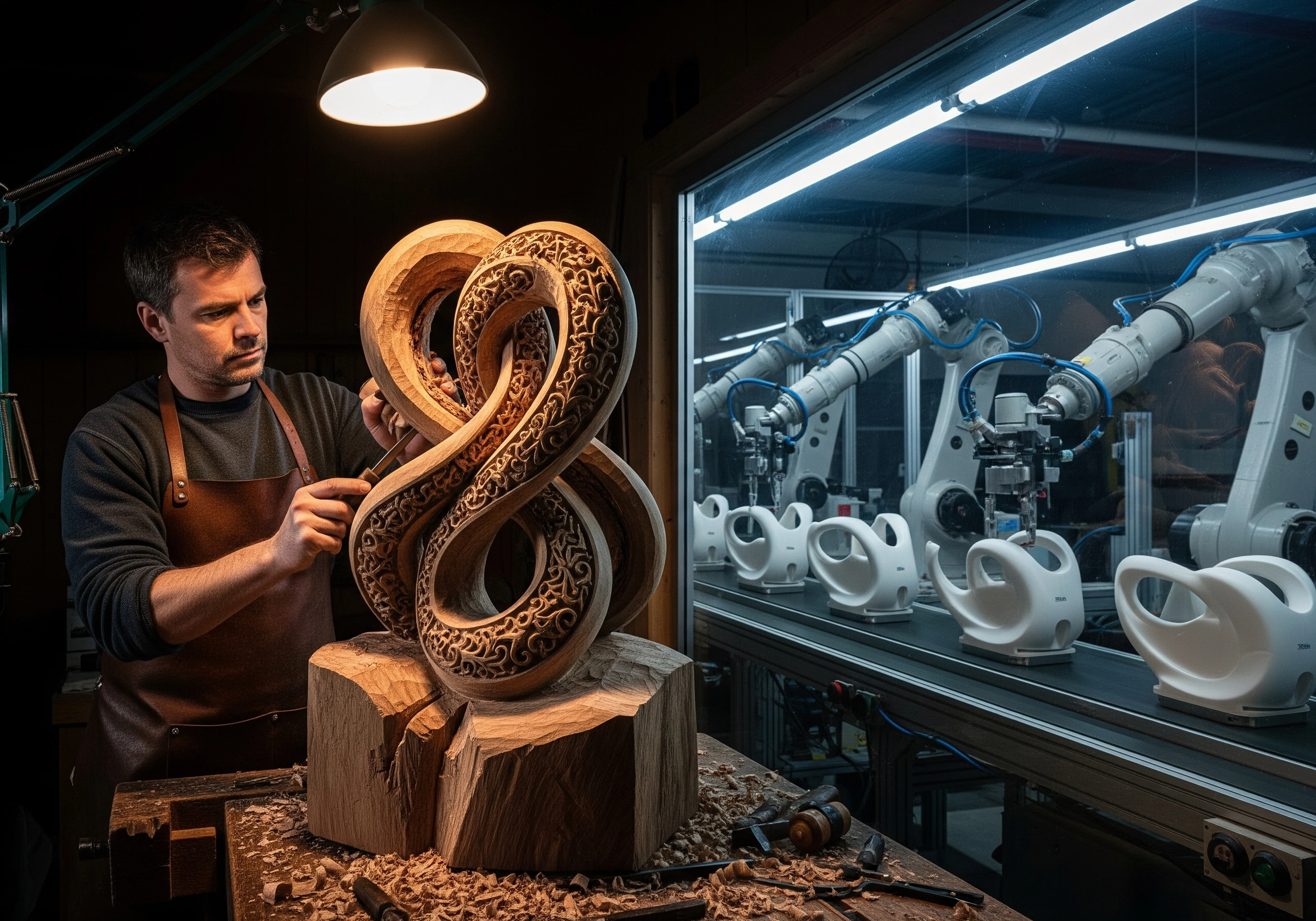 Man carving wood sculpture, robotic arms produce white teapots behind glass.