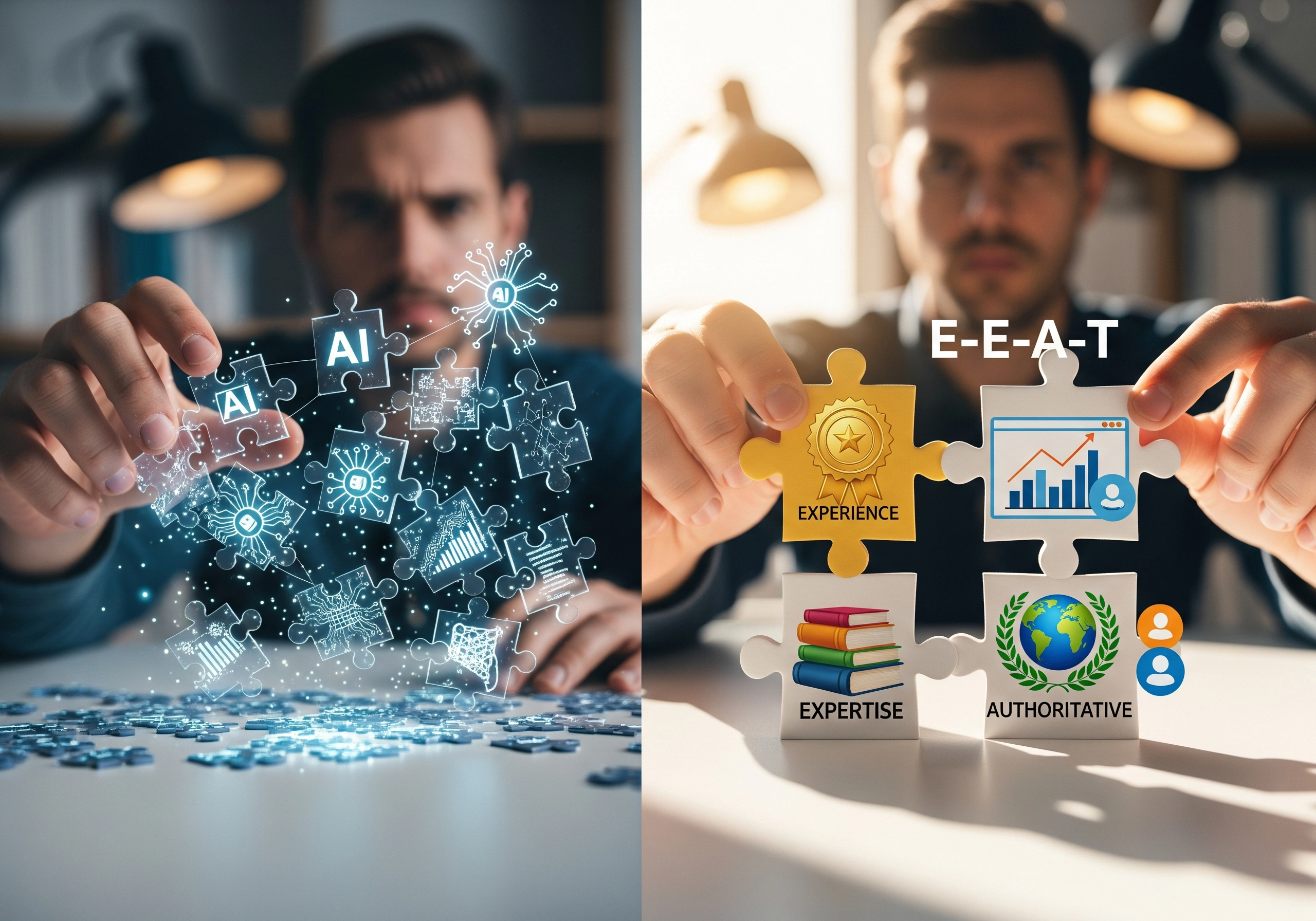 Man holding E-E-A-T puzzle pieces for website Expertise, Authoritativeness and Experience.